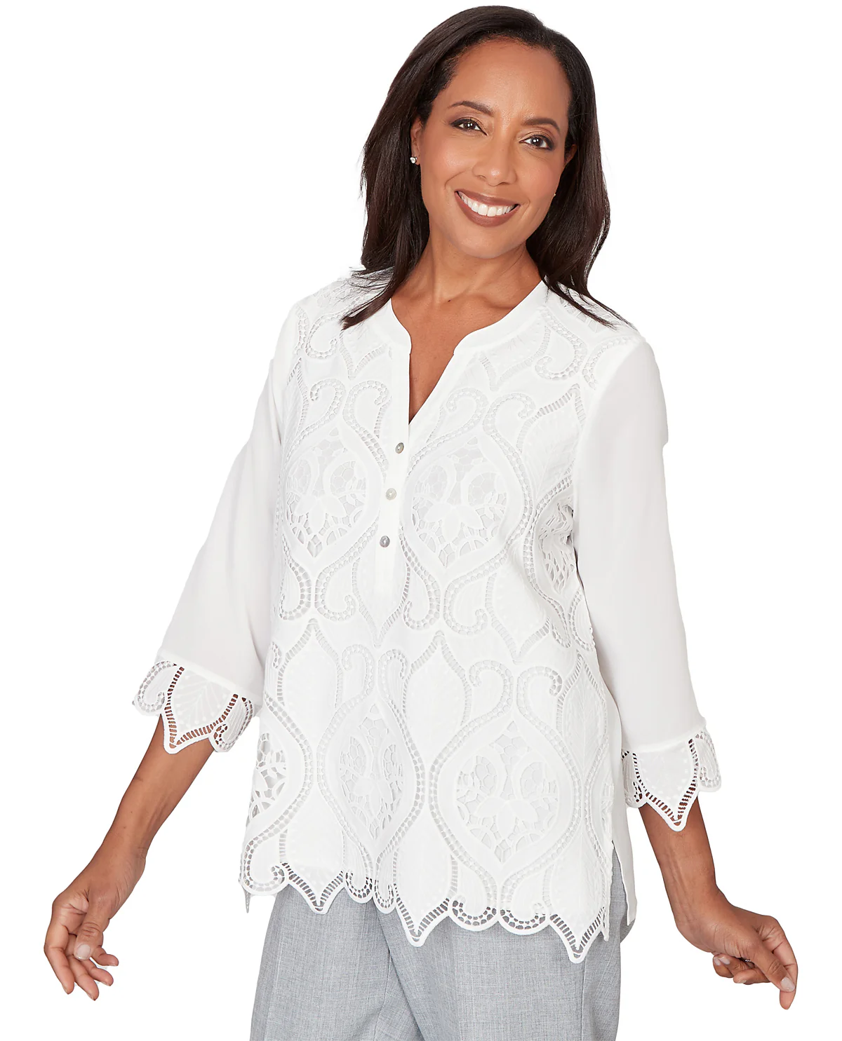 Alfred Dunner Al Fresco Cutout Lace Front Blouse - Image 3