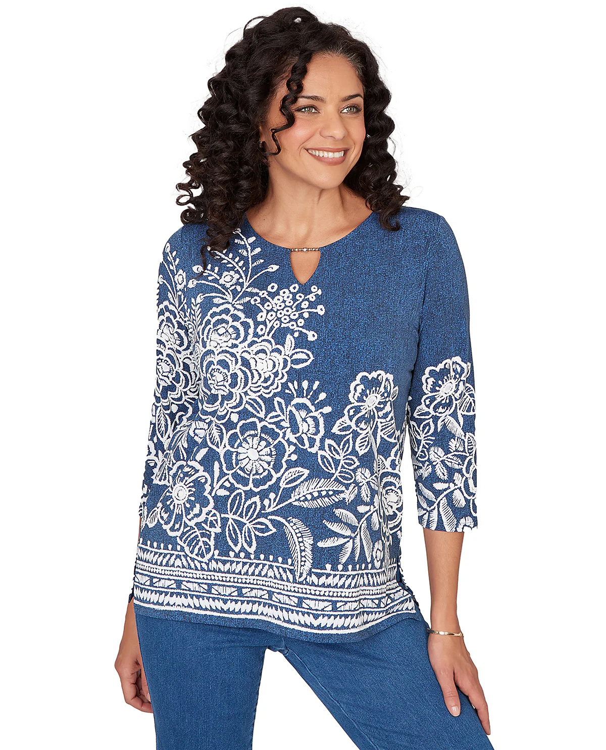 Alfred Dunner Missy Pastel Story Etched Floral Top Denim - Image 2