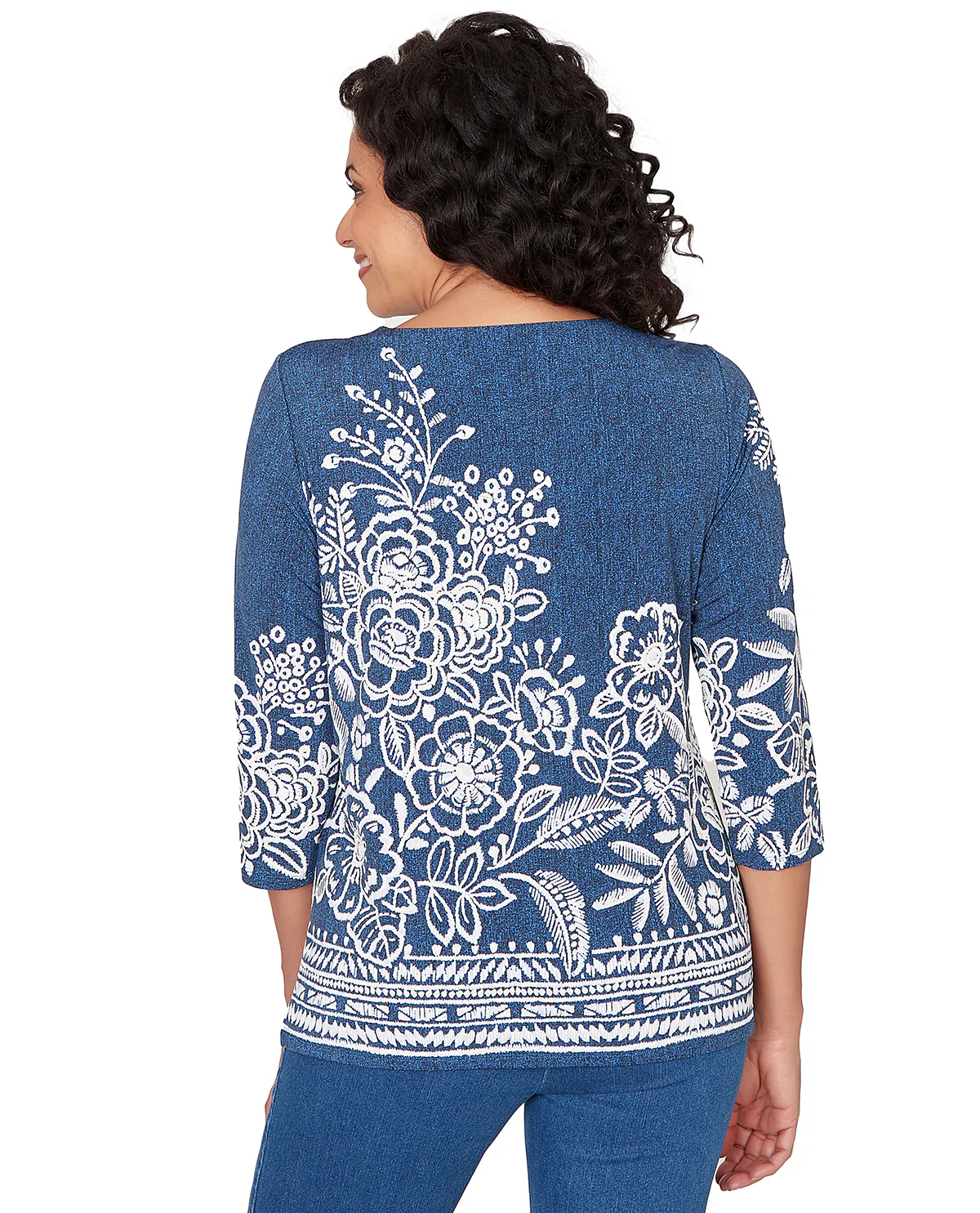 Alfred Dunner Missy Pastel Story Etched Floral Top Denim - Image 3