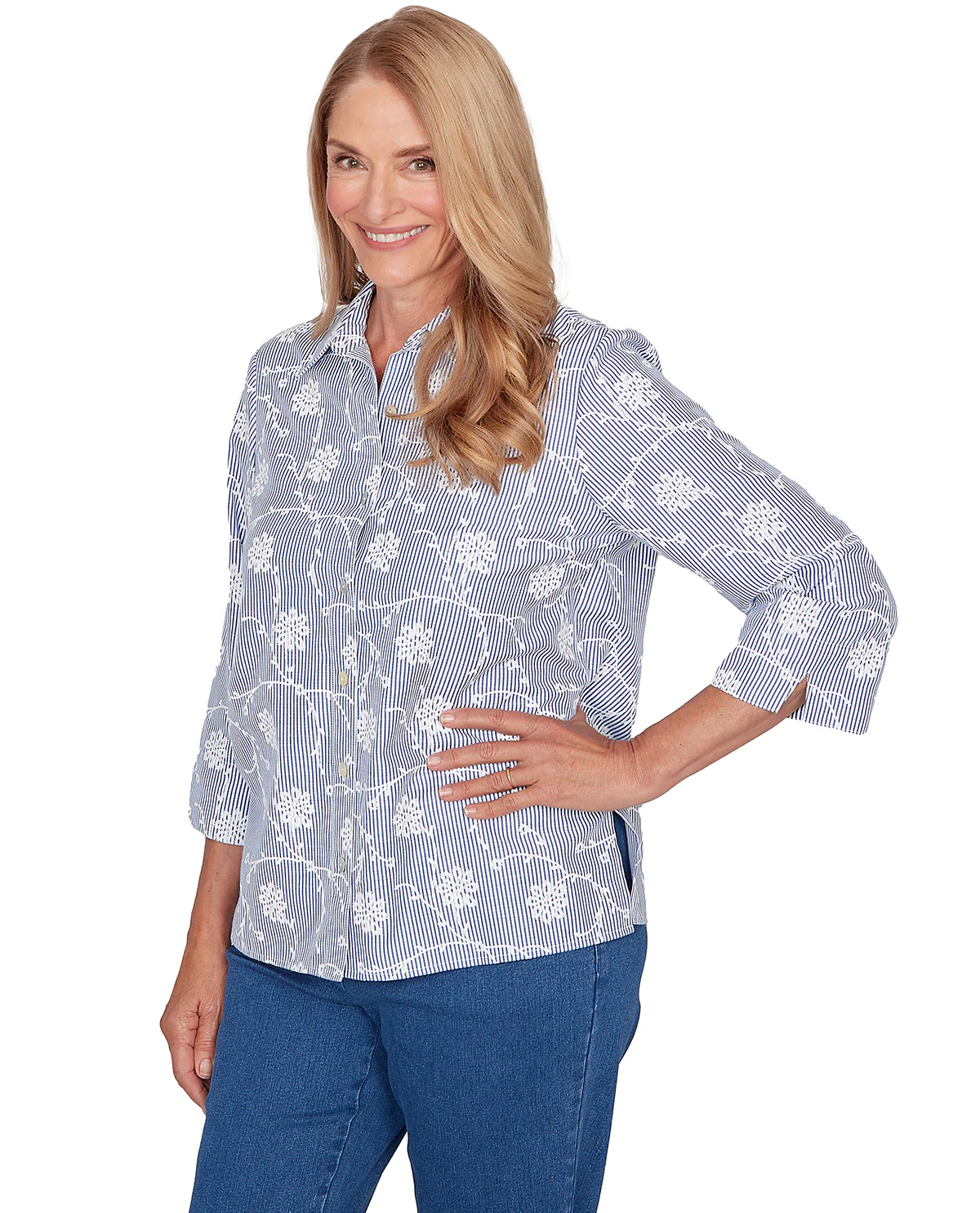 Alfred Dunner Missy Pastel Story Pinstripe Embroidery Blue - Image 3