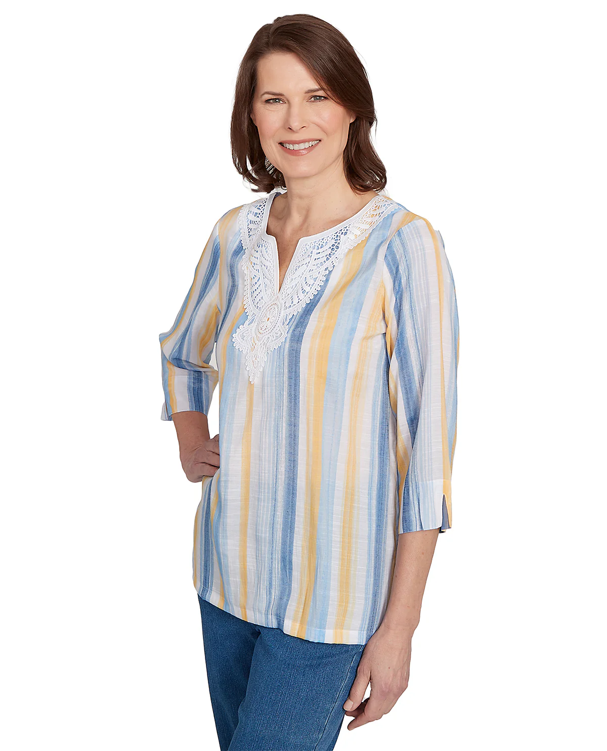 Alfred Dunner Missy Flower Power Striped Lace Neck Top - Image 3