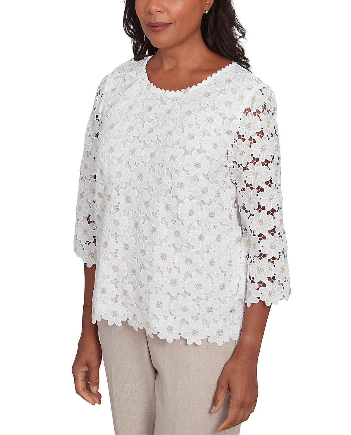 Alfred Dunner Kensington Garden Petite Woven Lace Top Ivory - Image 3