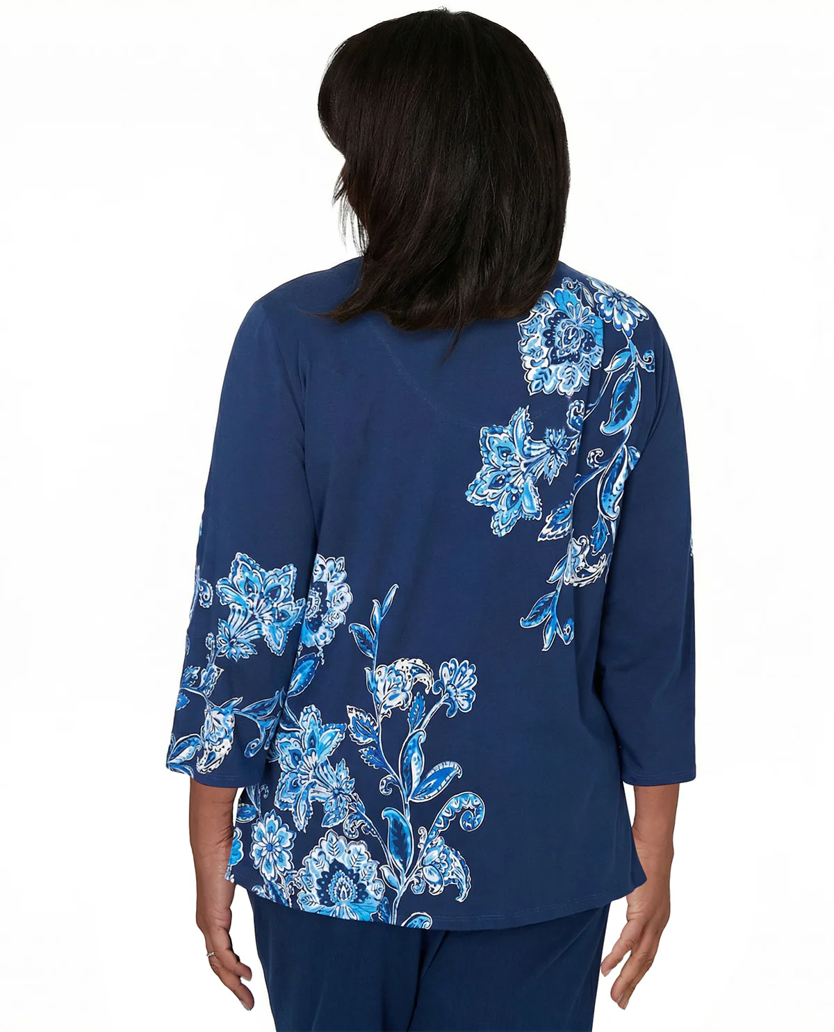 Alfred Dunner Mykonos Asymmetric Floral Top Blue - Image 2