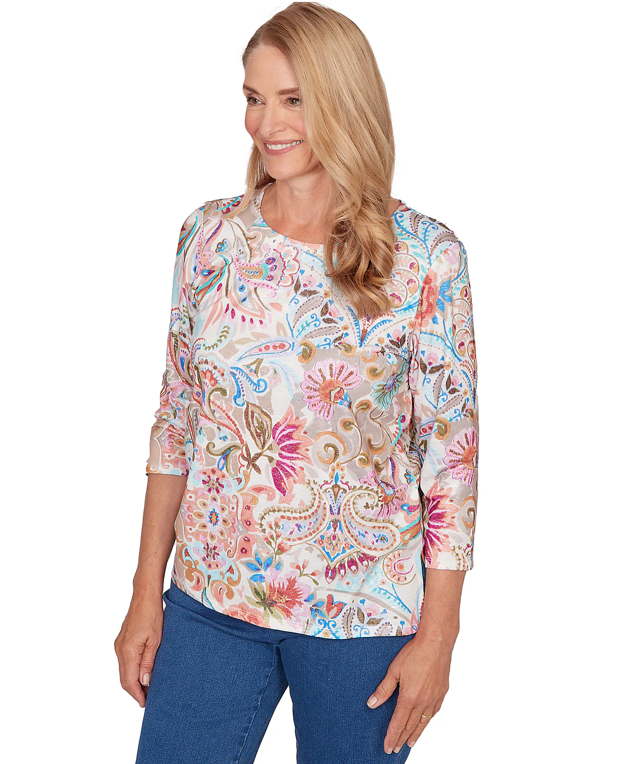 Alfred Dunner Missy Pastel Story Paisley Floral Top Tan - Image 3