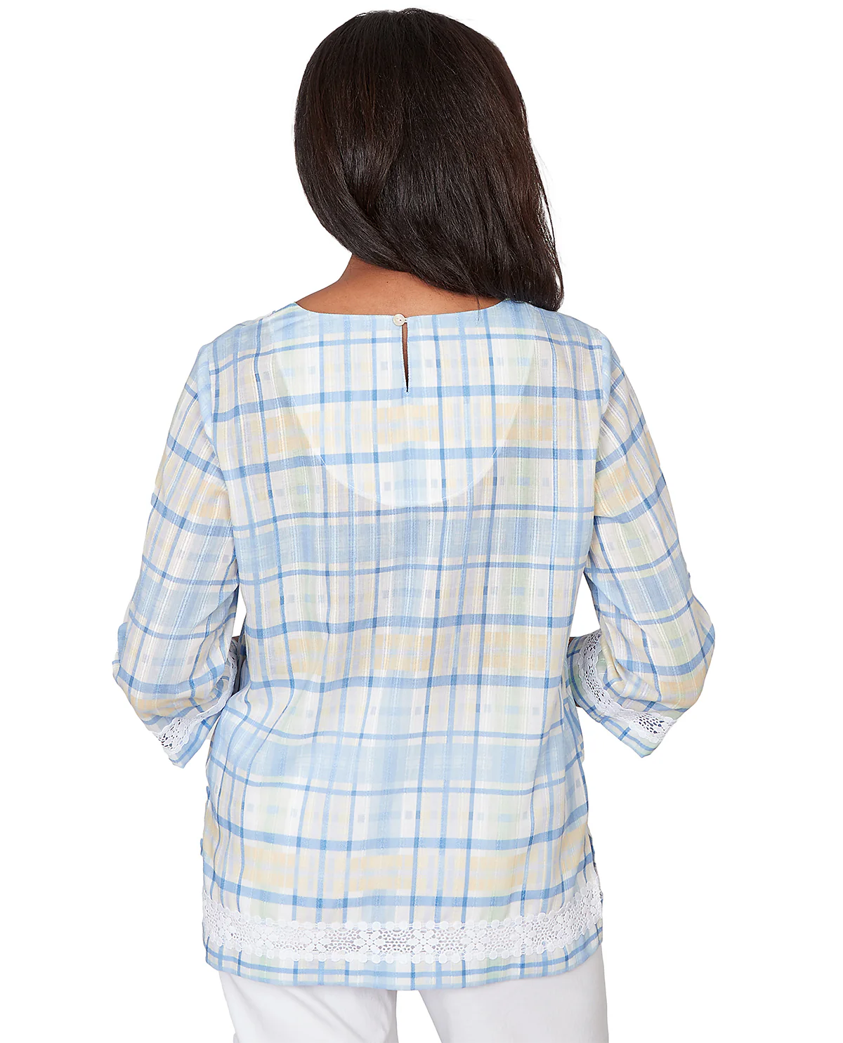 Alfred Dunner Pastel Story Plaid Lace Neck Top Blue - Image 2