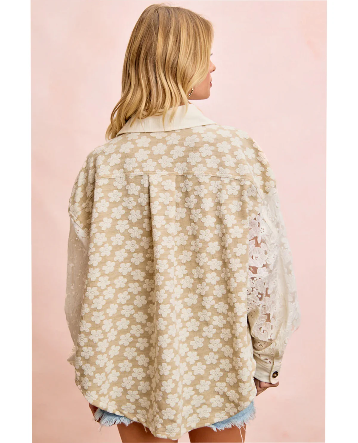 Bibi Floral Jacquard Shacket With Lace Sleeves Oatmeal - Image 3