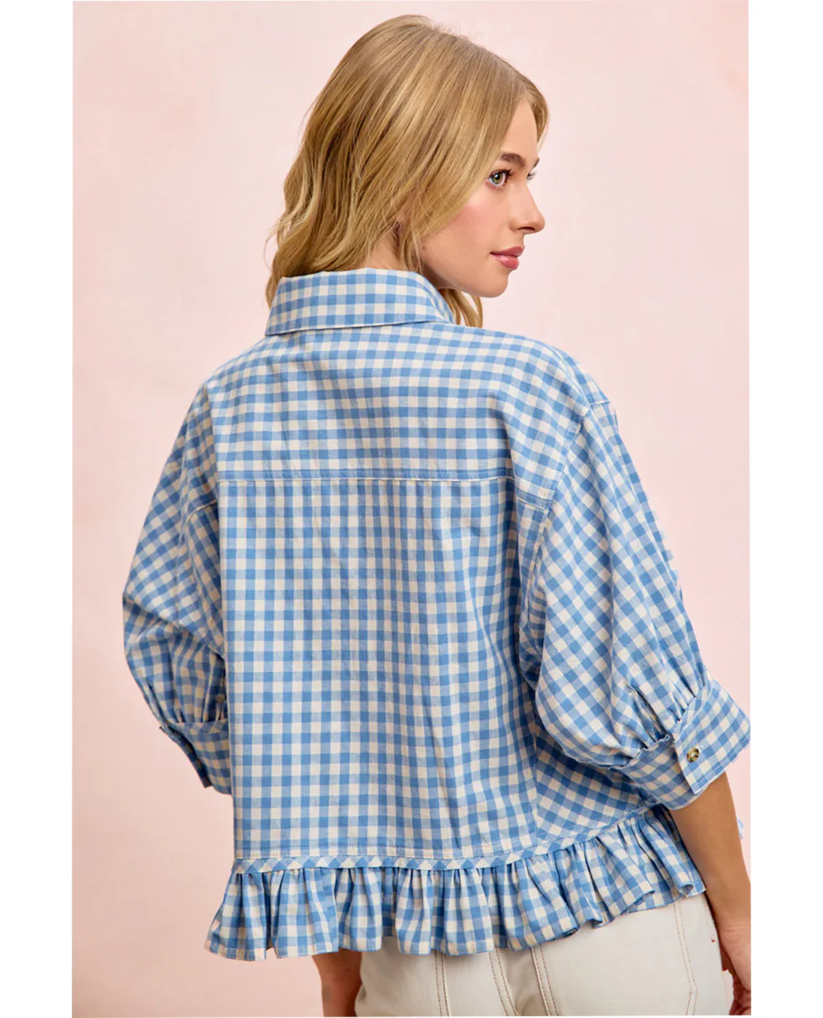 Bibi Gingham Check Ruffle Hem Top Blue - Image 3