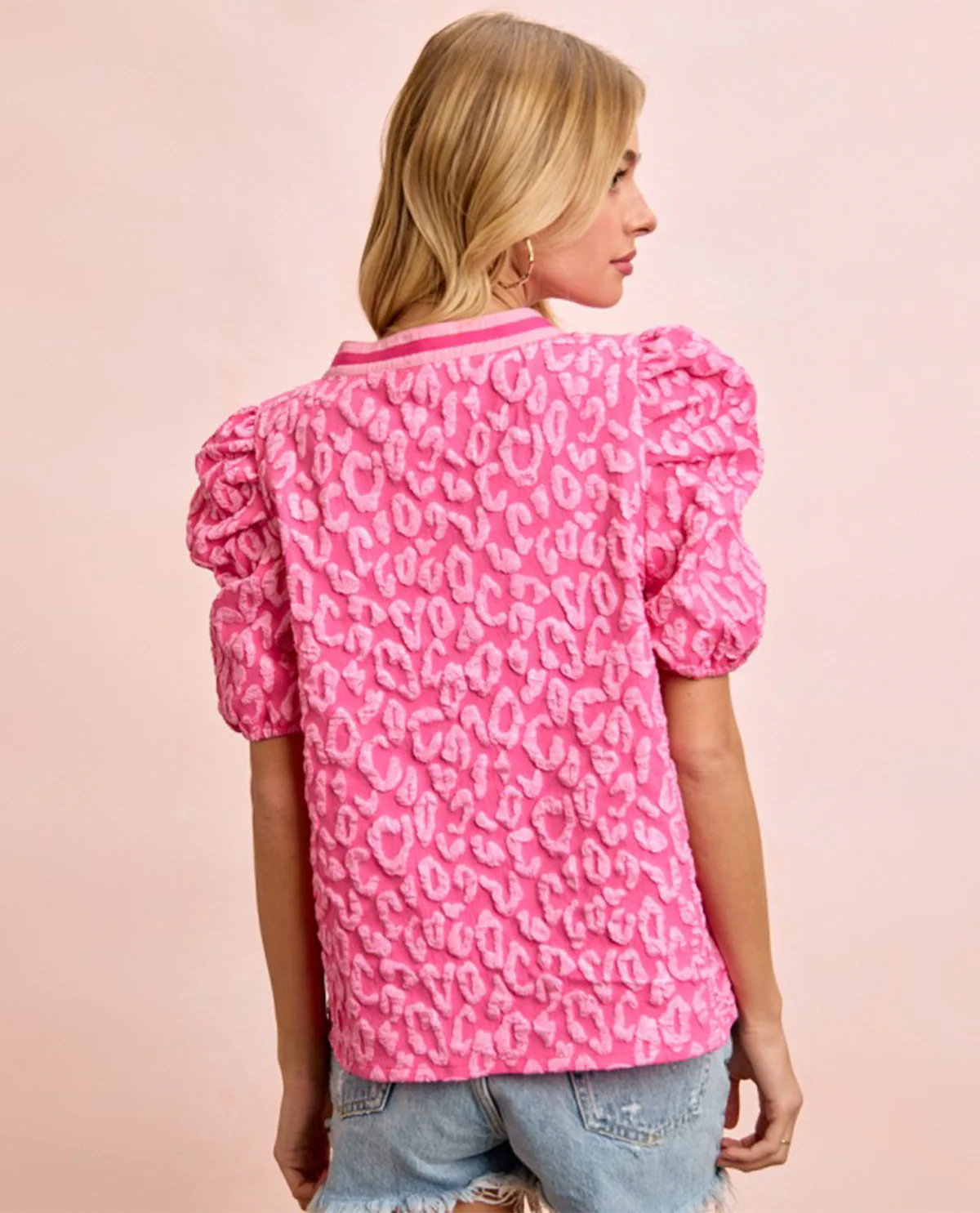 Bibi Leopard Pint Top With Stripe Neckline Pink - Image 3