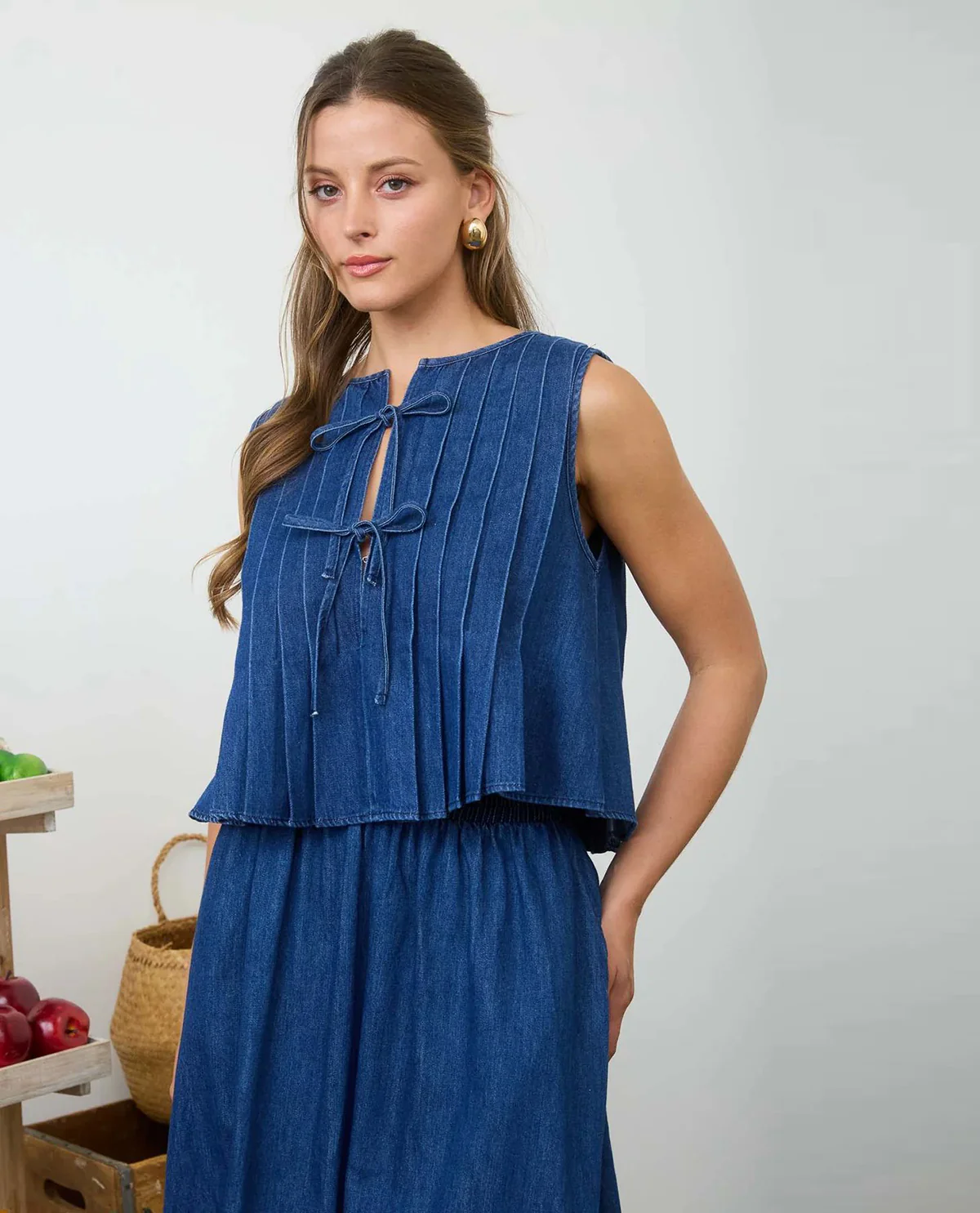Blu Pepper Pleat Tie Front Top Denim - Image 3