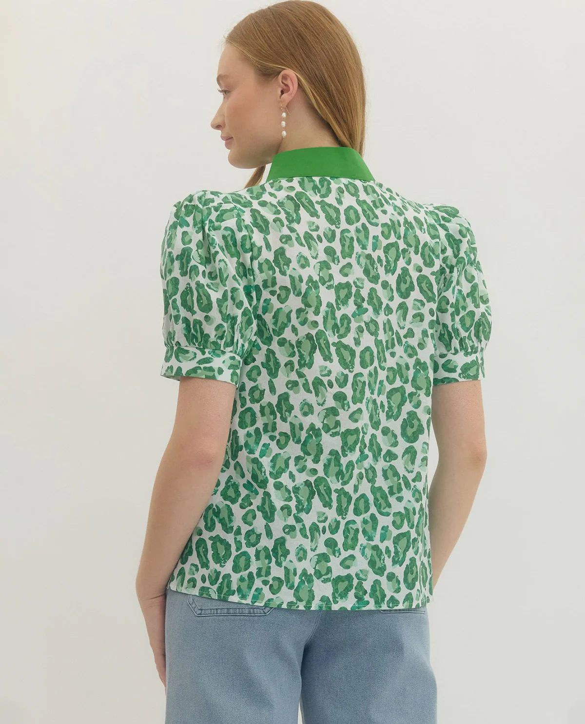Entro Animal Print Top with Solid Trim and Cuff Sleeves - Image 2