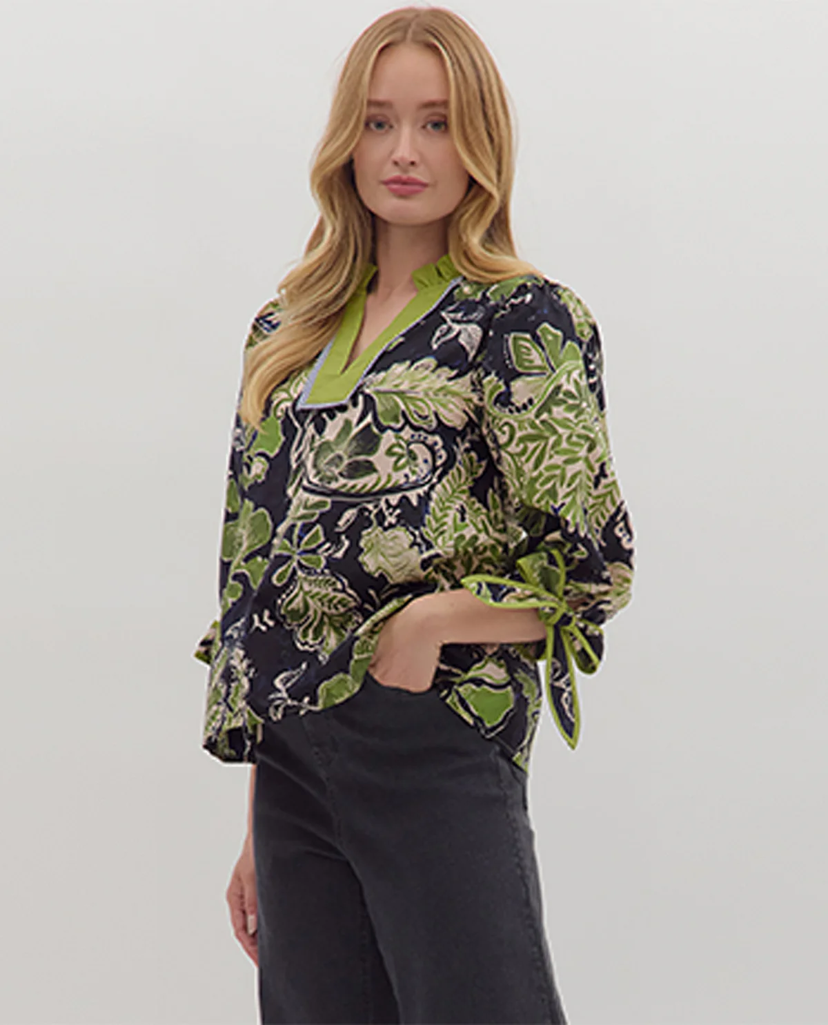 Entro Floral 3/4 Sleeve Top with Ruffle Neck - Image 3