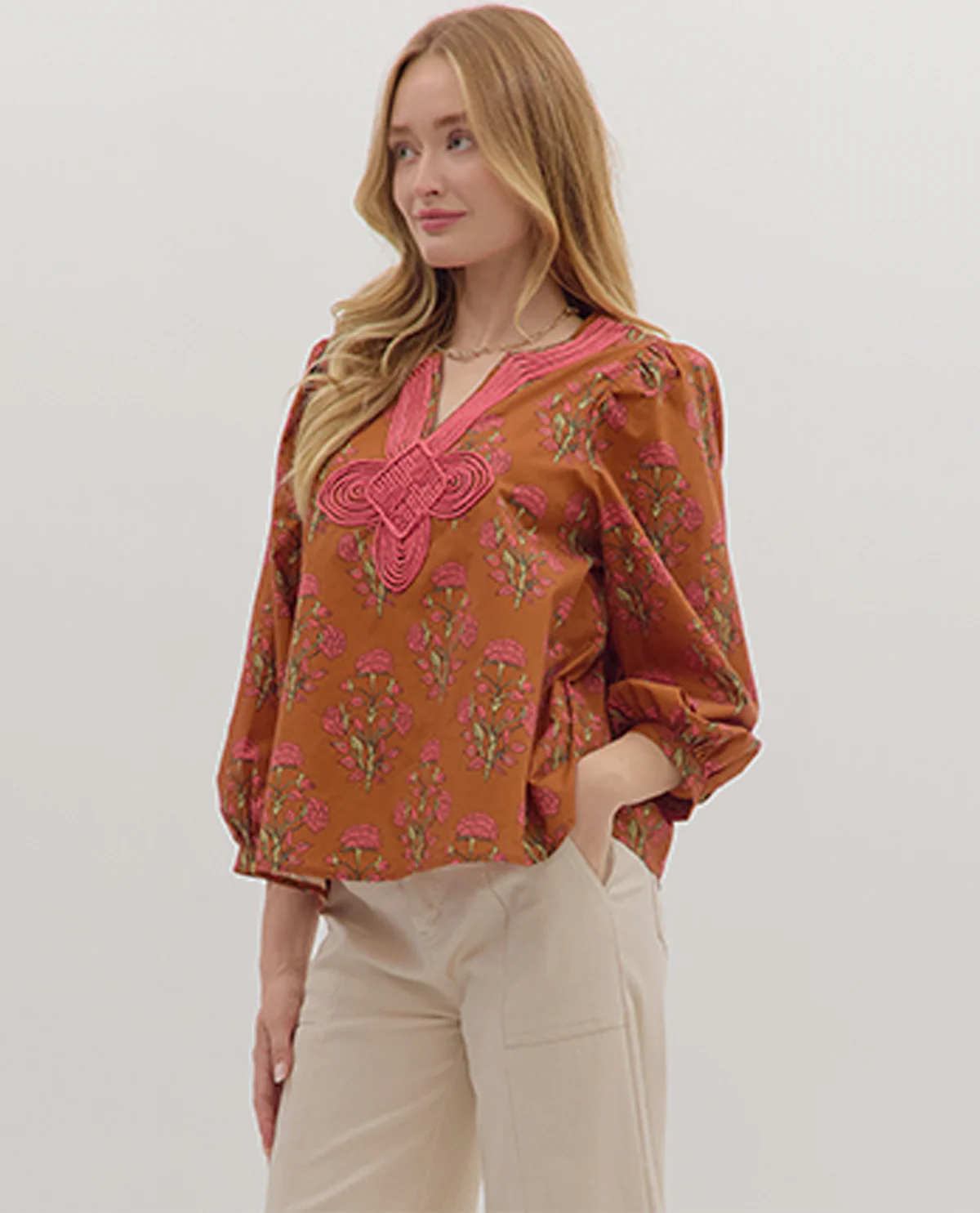 Entro Floral Top with Embroidered Knot Trim - Image 3