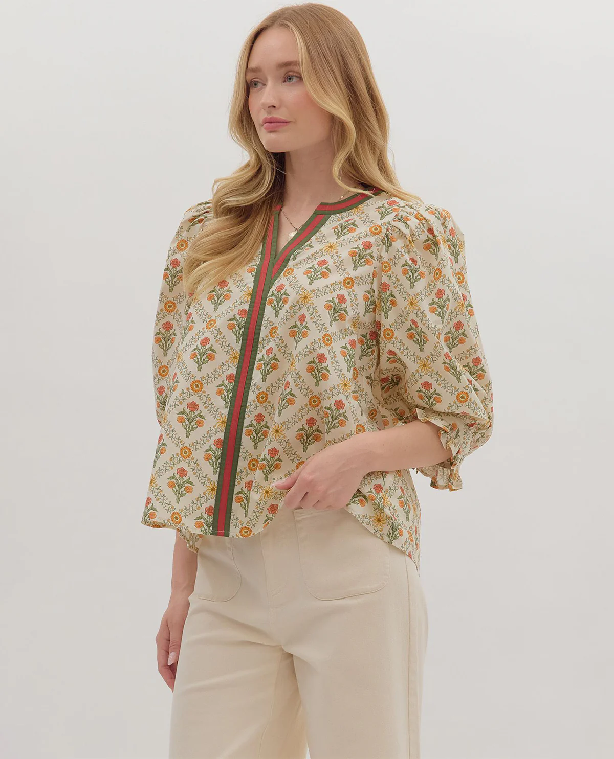 Entro Print Split Neck Top with Contrast - Image 2