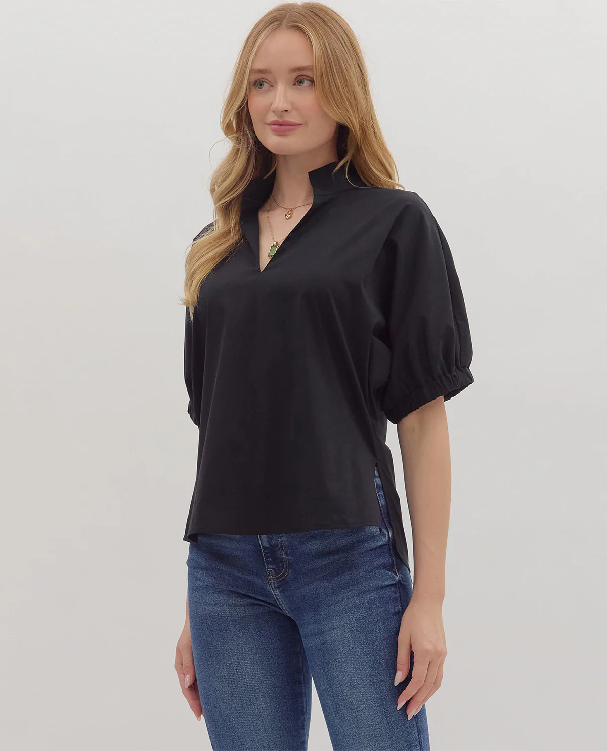 Entro Solid Vneck Puff Sleeve Top - Image 3