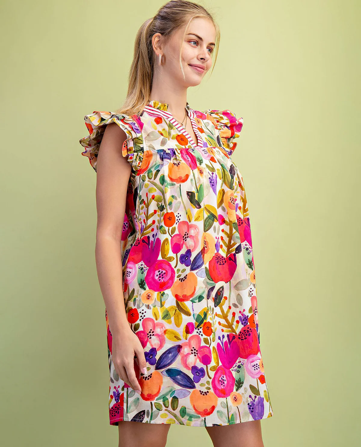 Gigio Flora Ruffle Neck Dress With Contrast Stripe Fuchsia - Image 2