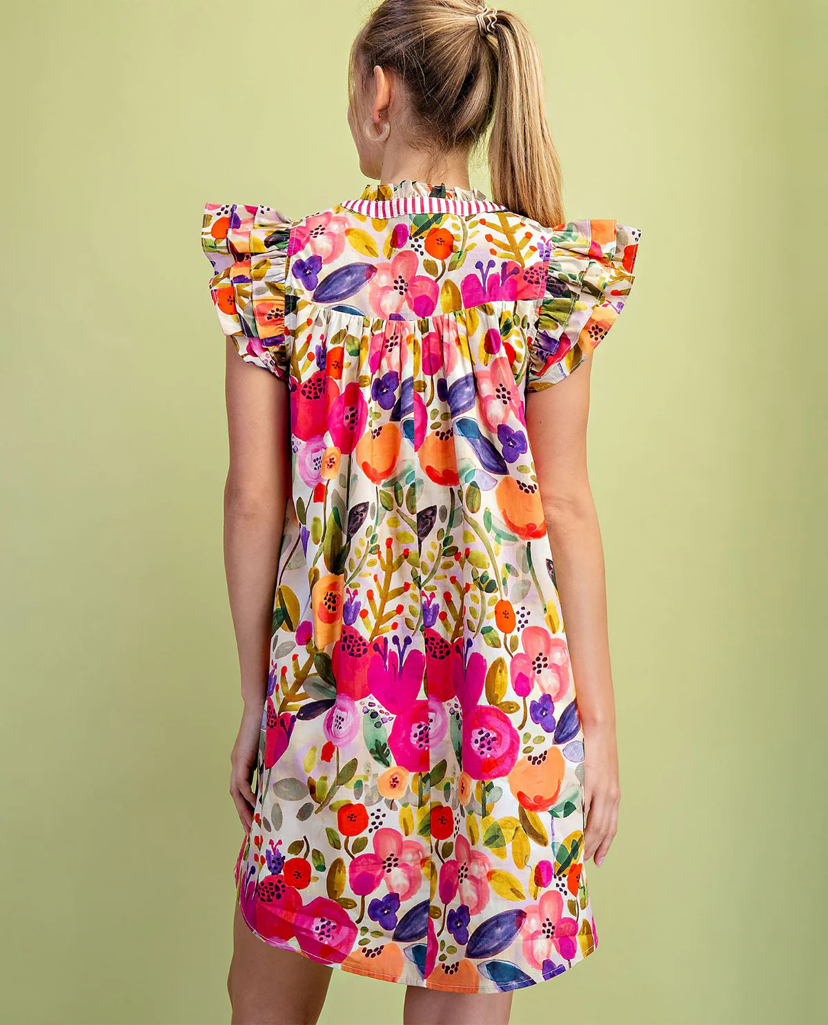 Gigio Flora Ruffle Neck Dress With Contrast Stripe Fuchsia - Image 3