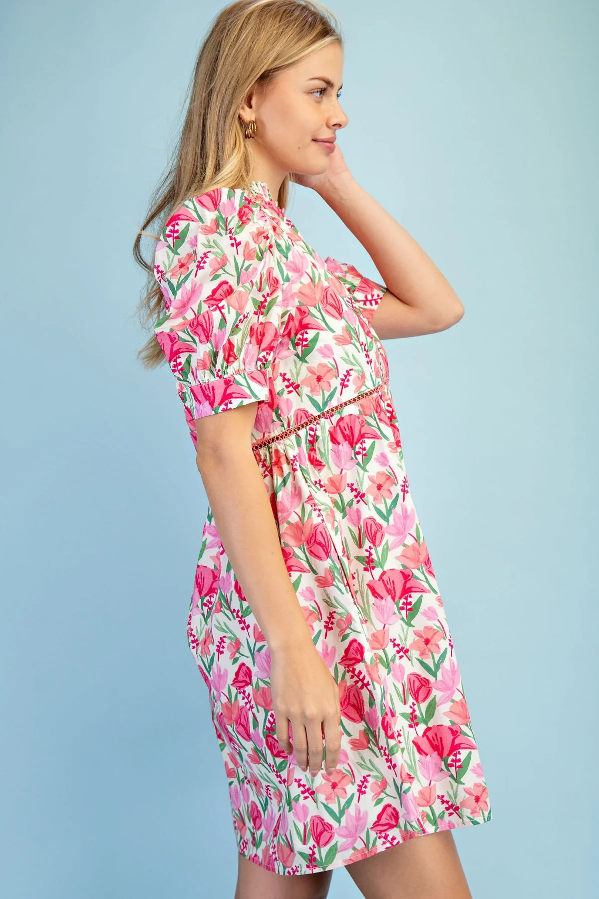 Gigio Floral Smock Neck Dress Pink - Image 2