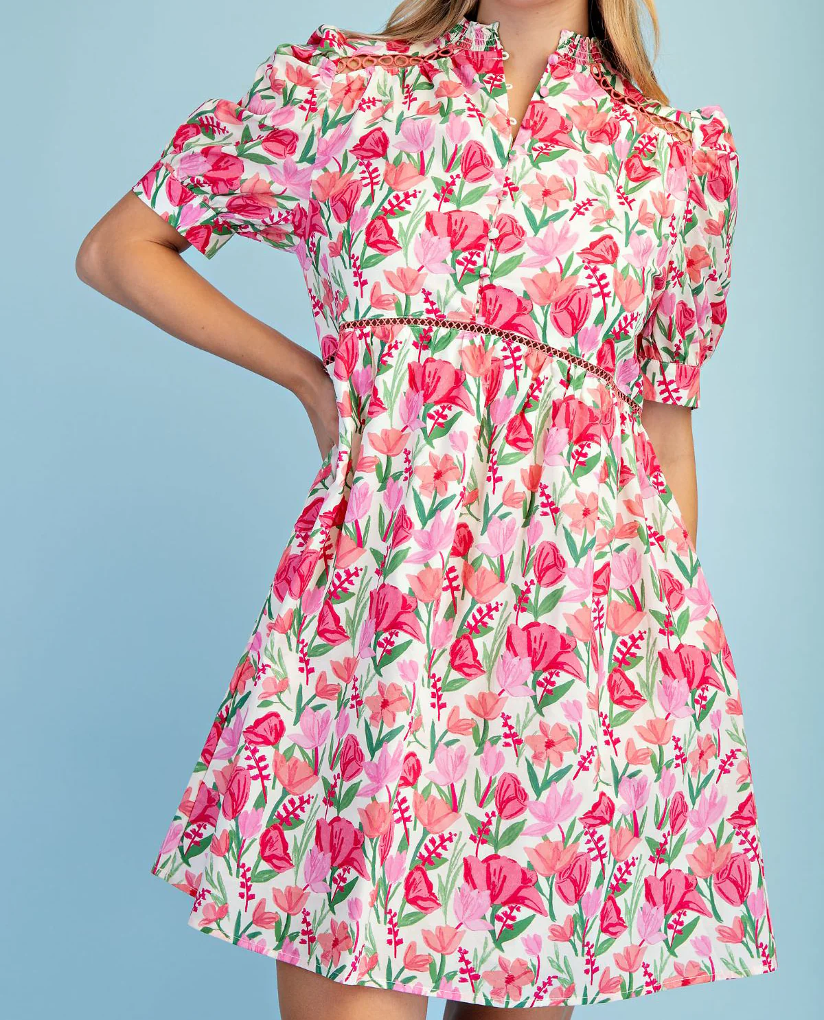 Gigio Floral Smock Neck Dress Pink - Image 3