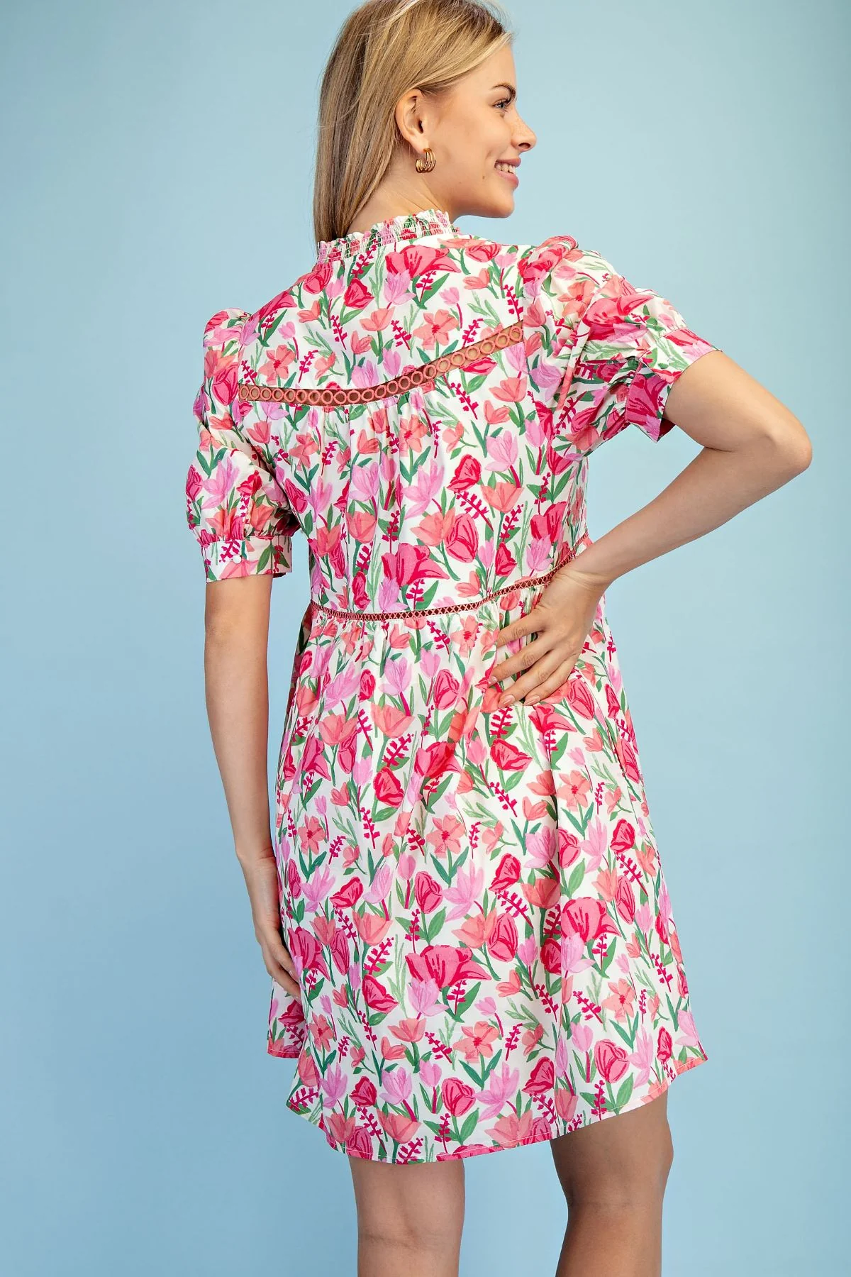 Gigio Floral Smock Neck Dress Pink - Image 4
