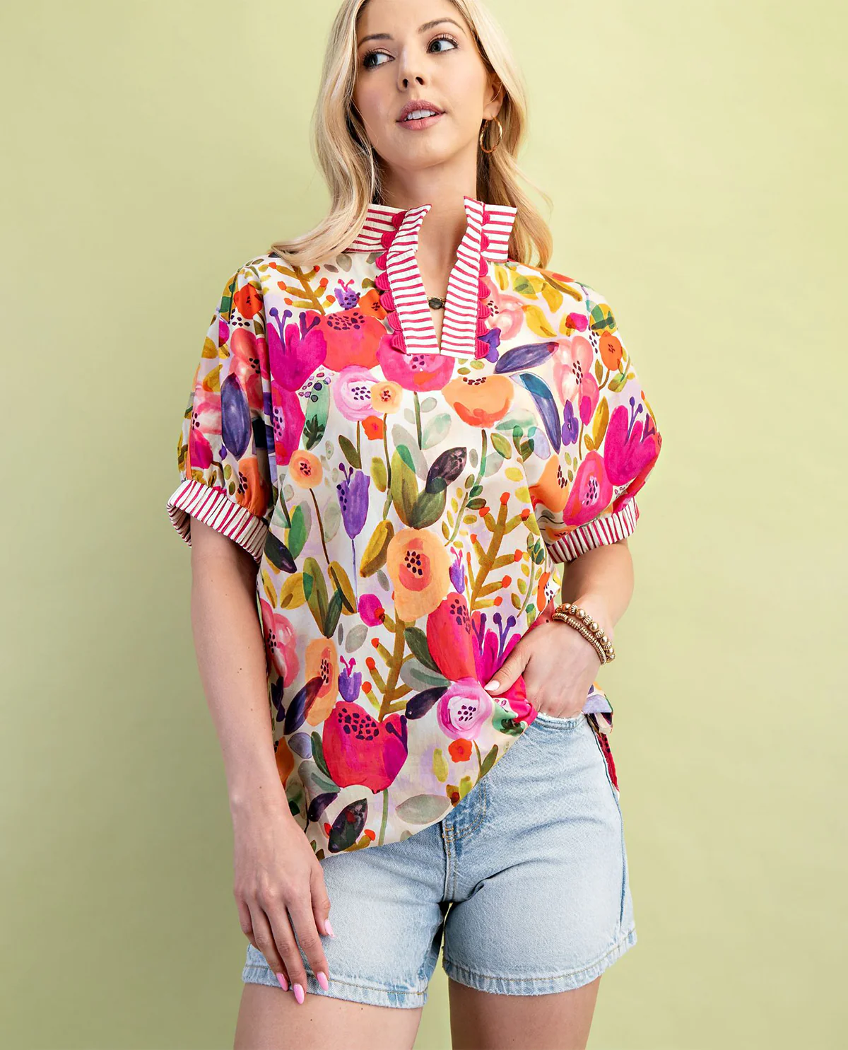 Gigio Plus Floral Top with Contrast Stripe - Image 3