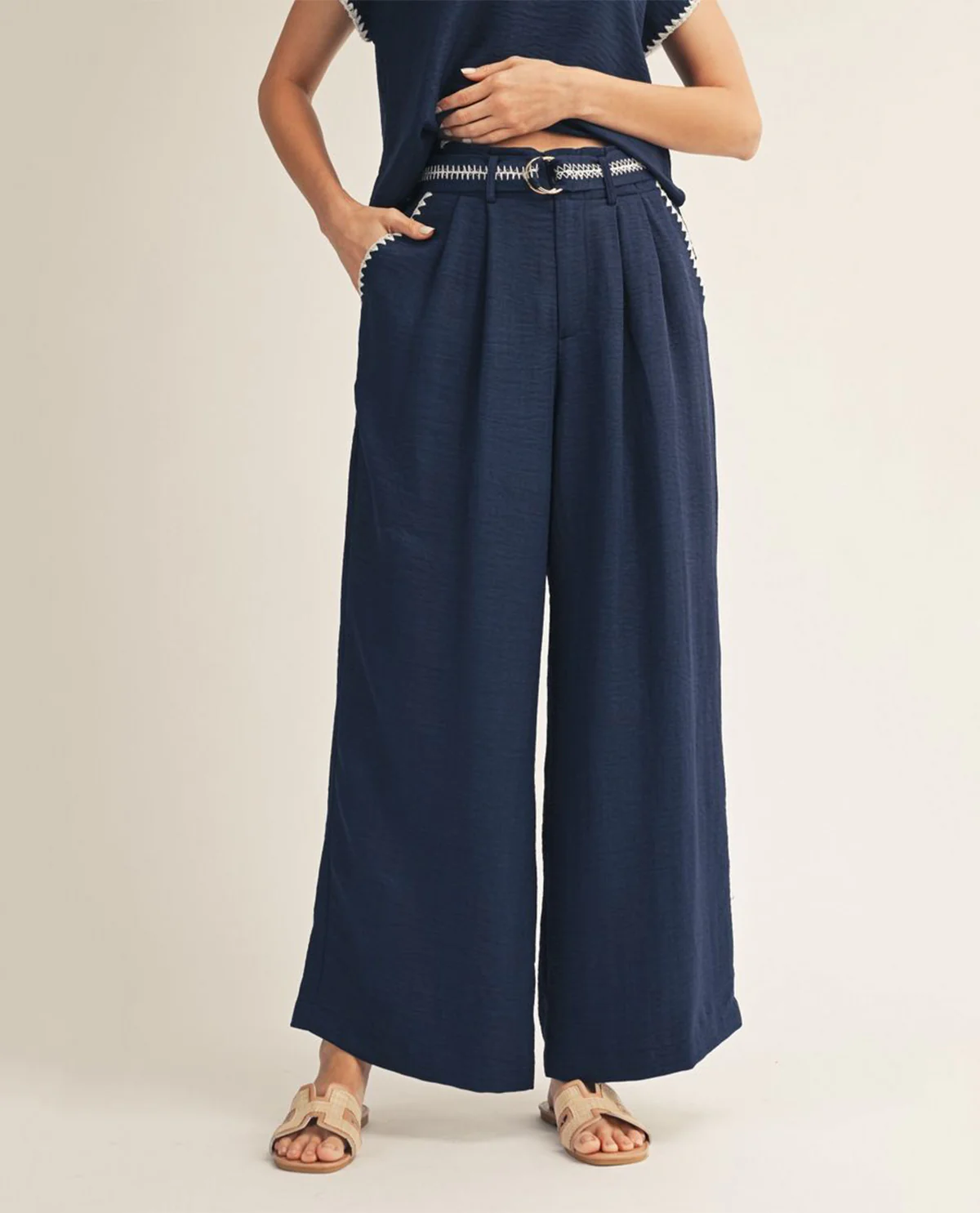 Jodifl Belted Soft Wide Leg Pant Navy - Image 2