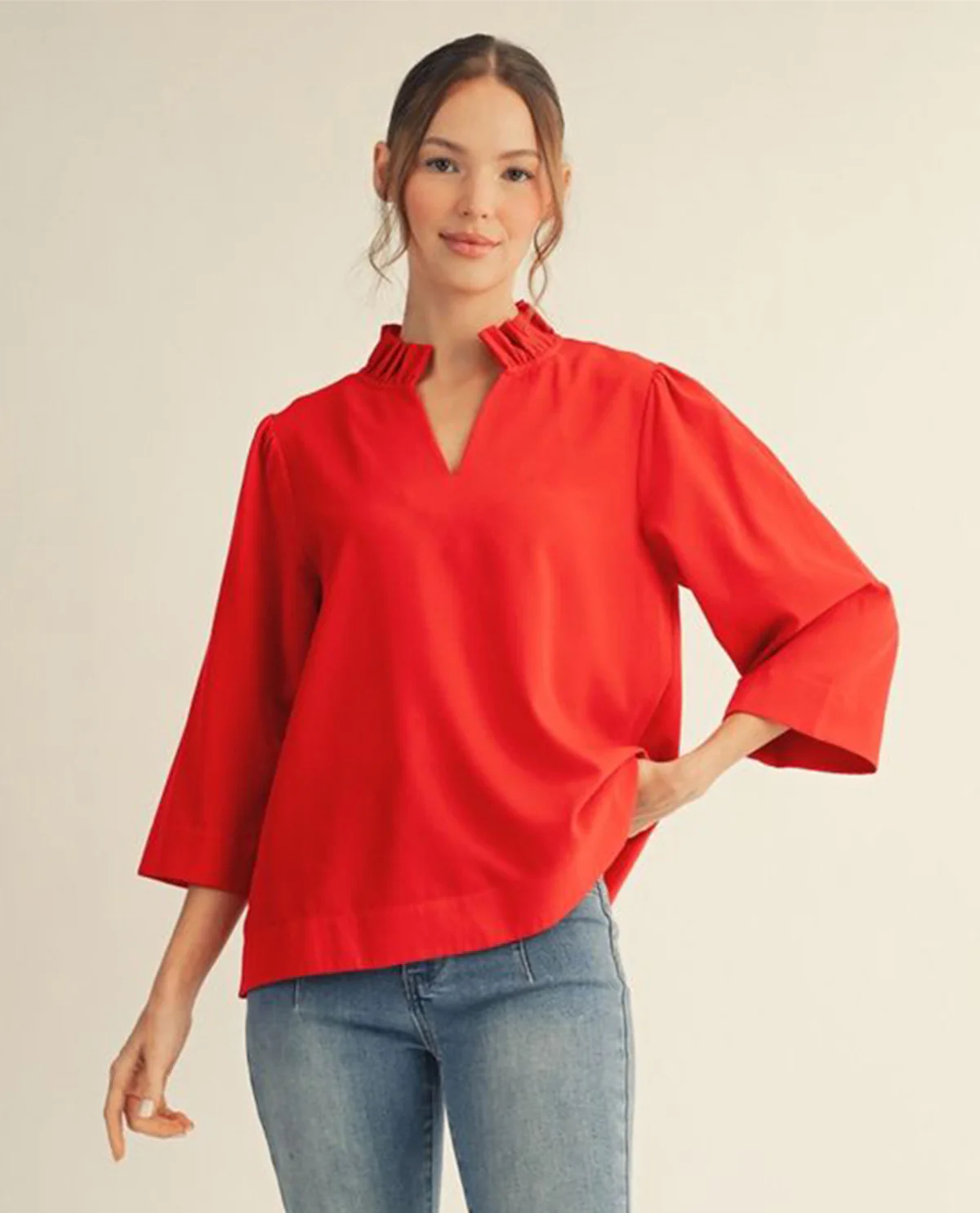 Jodifl Crinkle Solid Top With Ruffle Neckline Red - Image 4