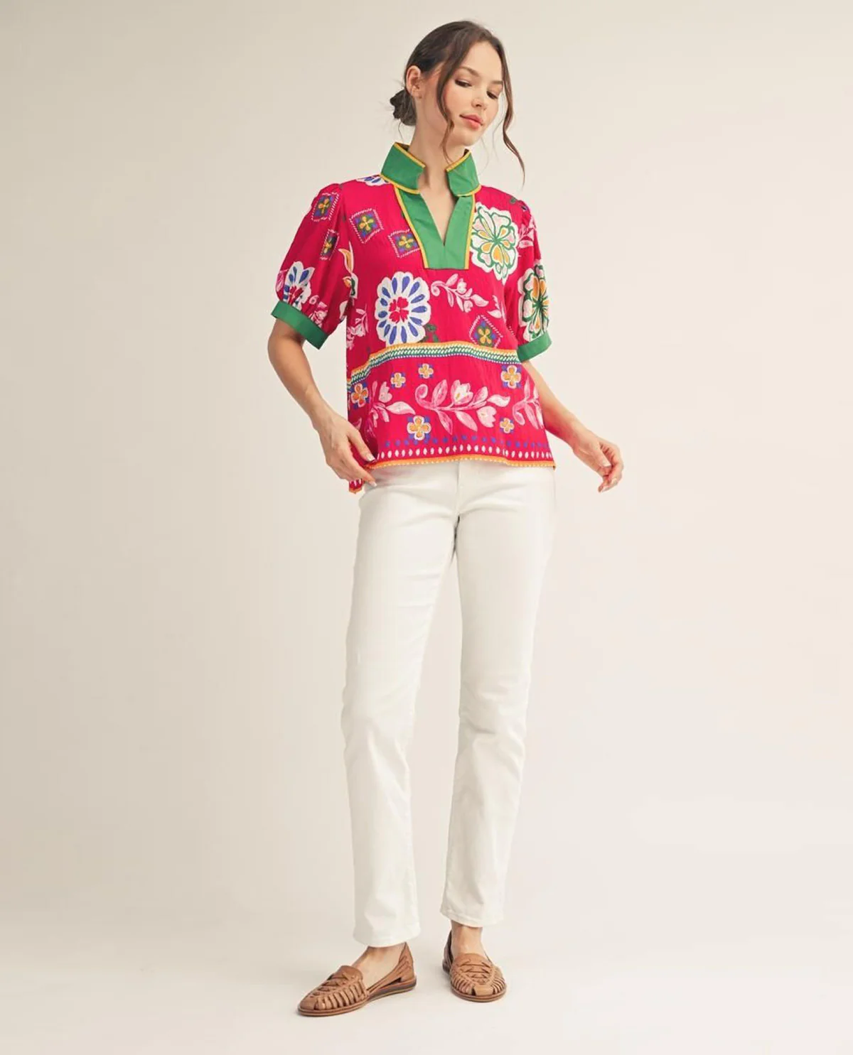 Jodifl Short Puff Sleeves Boho Floral Top - Image 3