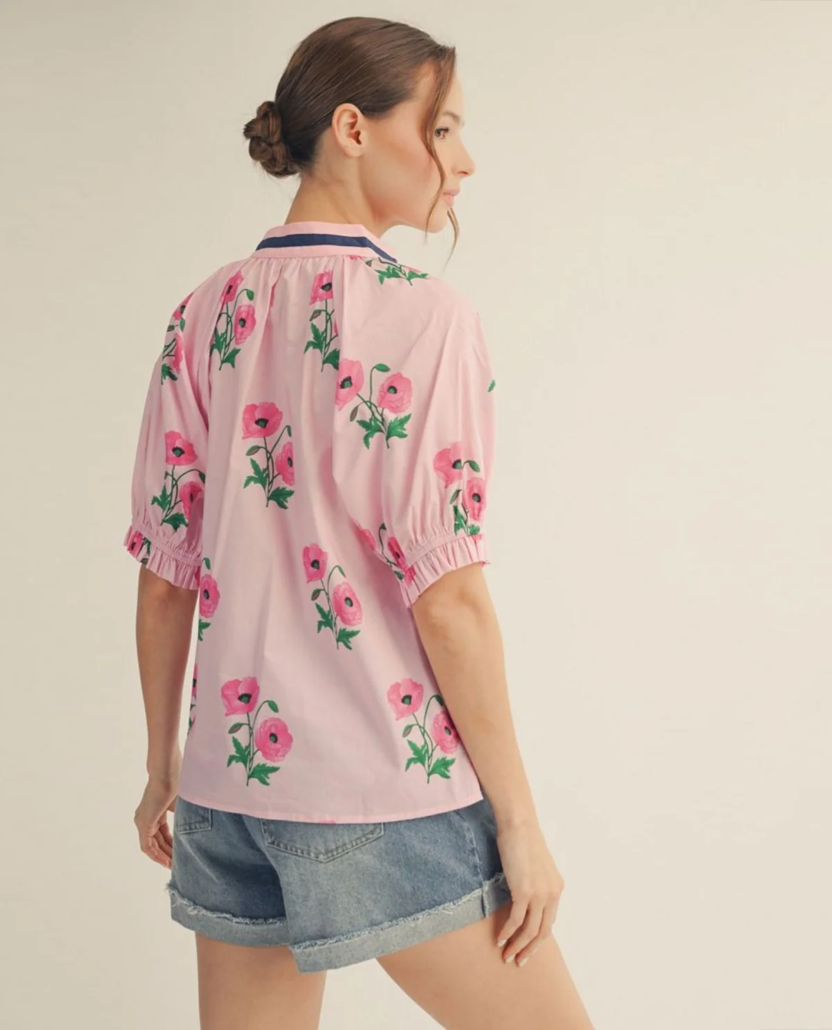 Jodifl Floral Top With Color Contrast Neckline and Ruffle Detail Sleeves - Image 2
