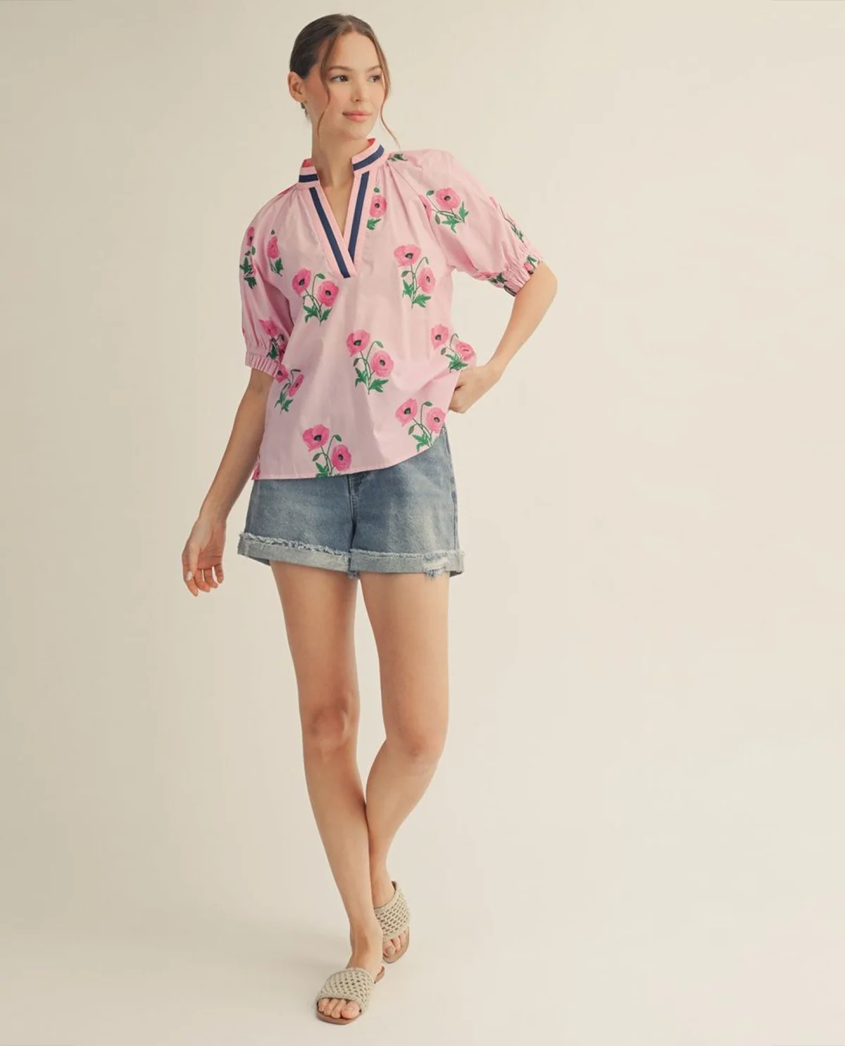 Jodifl Floral Top With Color Contrast Neckline and Ruffle Detail Sleeves - Image 3