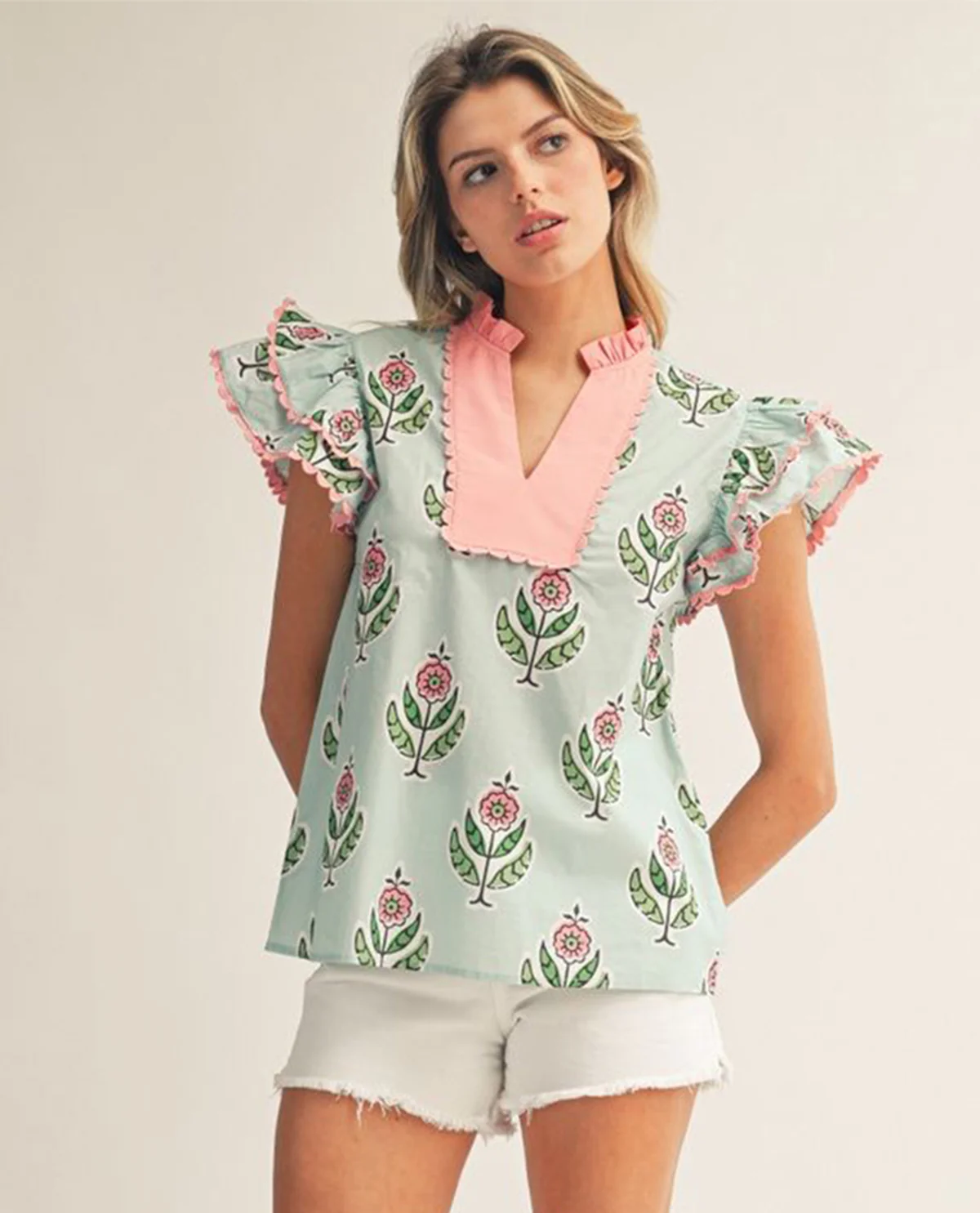 Jodifl Flutter Sleeve Top With Solid Trim Mint - Image 4