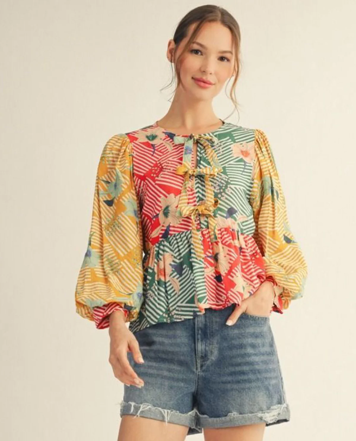 Jodifl 3/4 Puff Sleeve Color Blocked Floral Top With Front Bow Tie Detail - Image 3