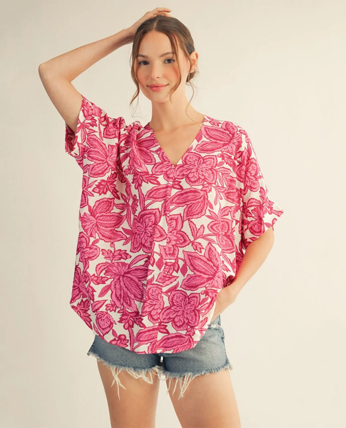 Jodifl Print V-Neck Dolman Top Fuchsia - Image 2