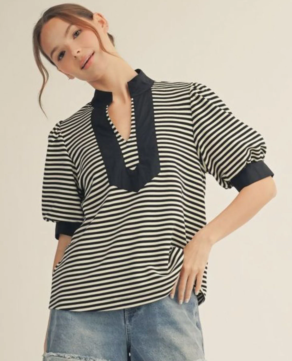 Jodifl Stripe Top With Contrast Trim Black - Image 2