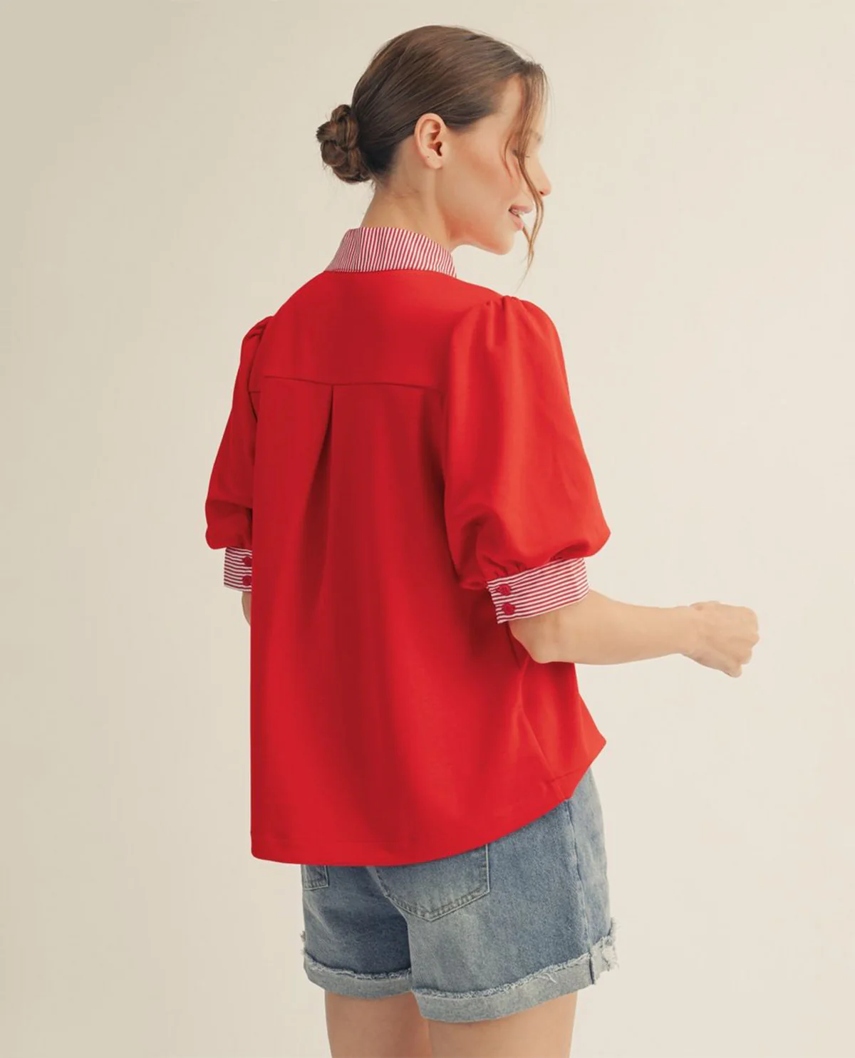 Jodifl Solid Notch Neck Top With Stripe Contrast Red - Image 2