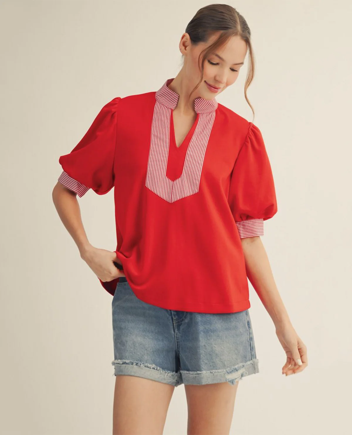 Jodifl Solid Notch Neck Top With Stripe Contrast Red - Image 4