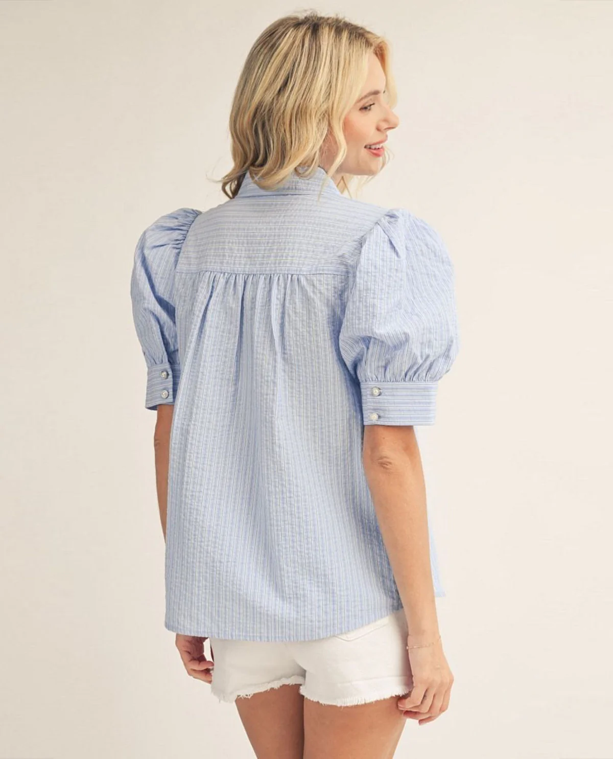 Jodifl Stripe Button Front Puff Sleeve Top Blue - Image 2