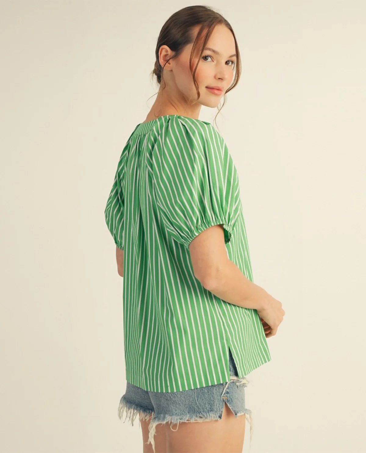 Jodifl Short Puff Sleeves Stripe Top With Side Slit Hem and Shoulder Pintuck Detail Green - Image 2