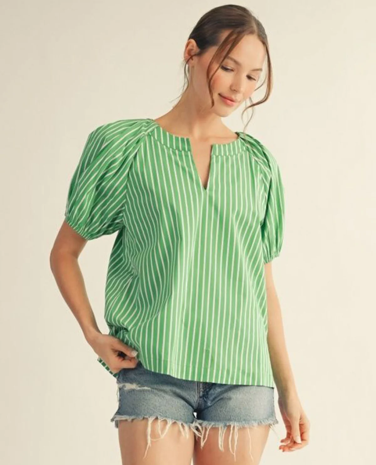 Jodifl Short Puff Sleeves Stripe Top With Side Slit Hem and Shoulder Pintuck Detail Green - Image 3