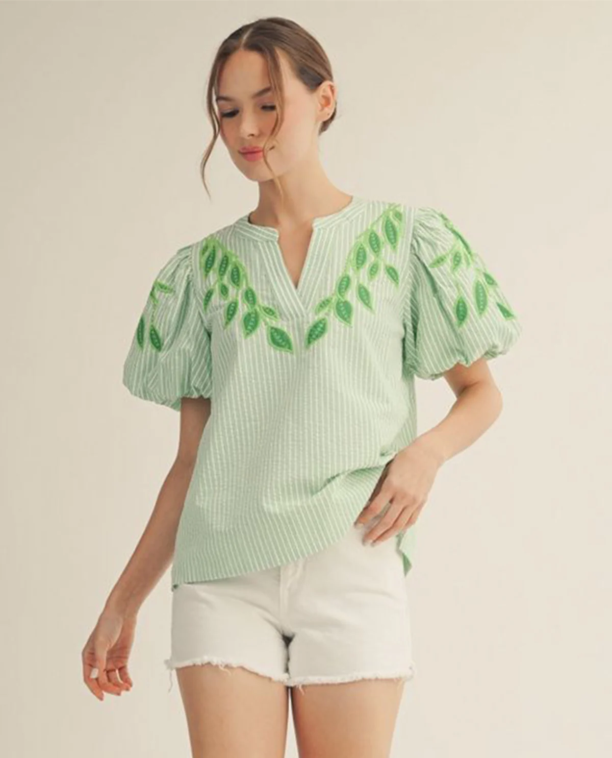Jodifl Stripe Top With Embroidered Applique Green - Image 3