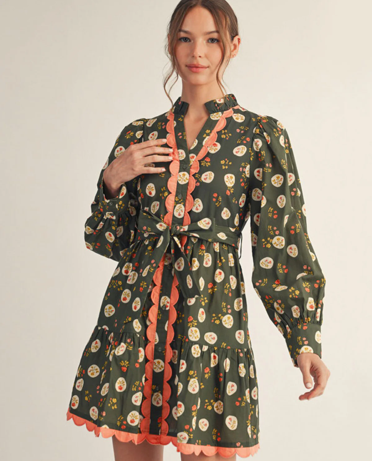 Long Sleeves Button Down Floral Dress with Side Pockets and Waist Tie - Image 2