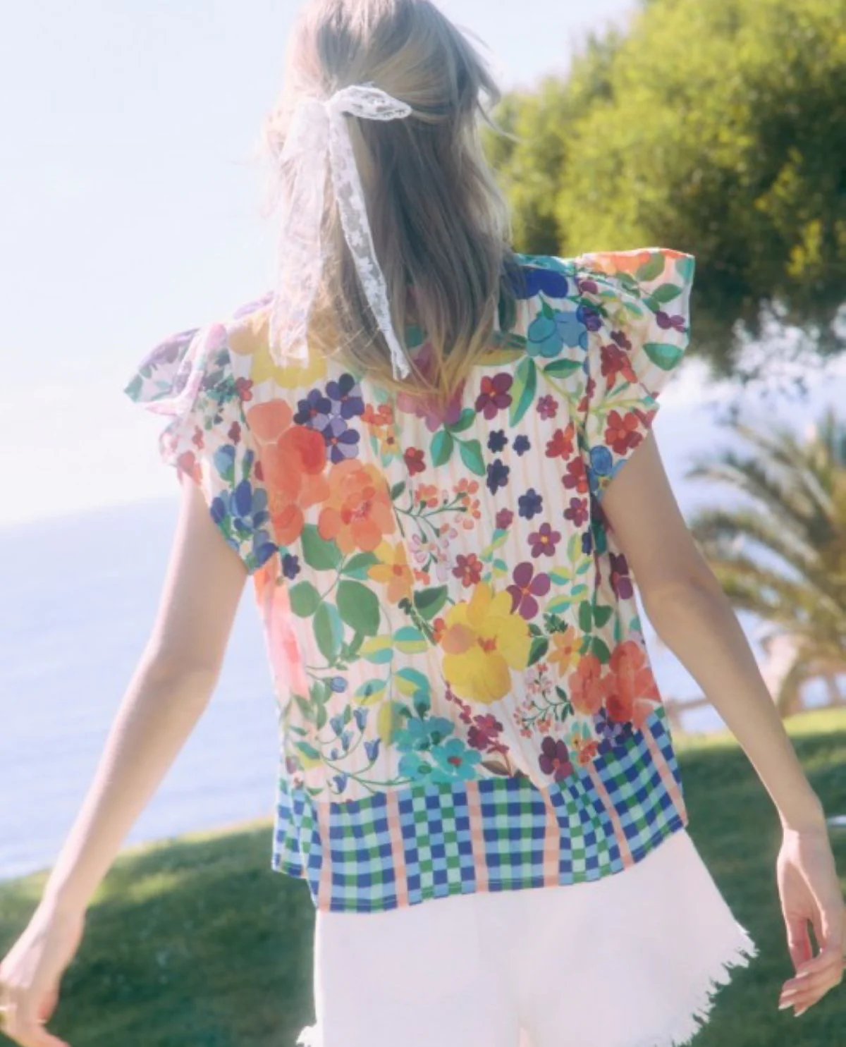 Oddi Border Print Top With Ruffle Neck - Image 2