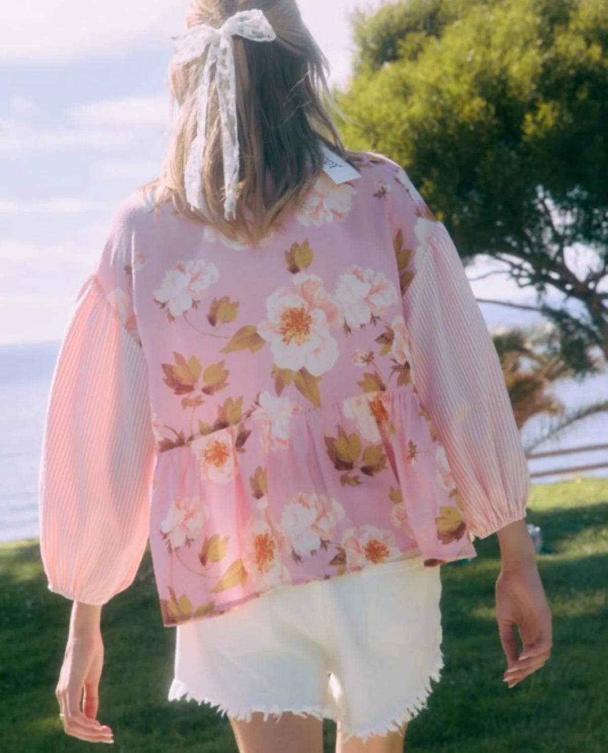 Oddi Floral Peplum Top With Contrast Stripes Pink - Image 2