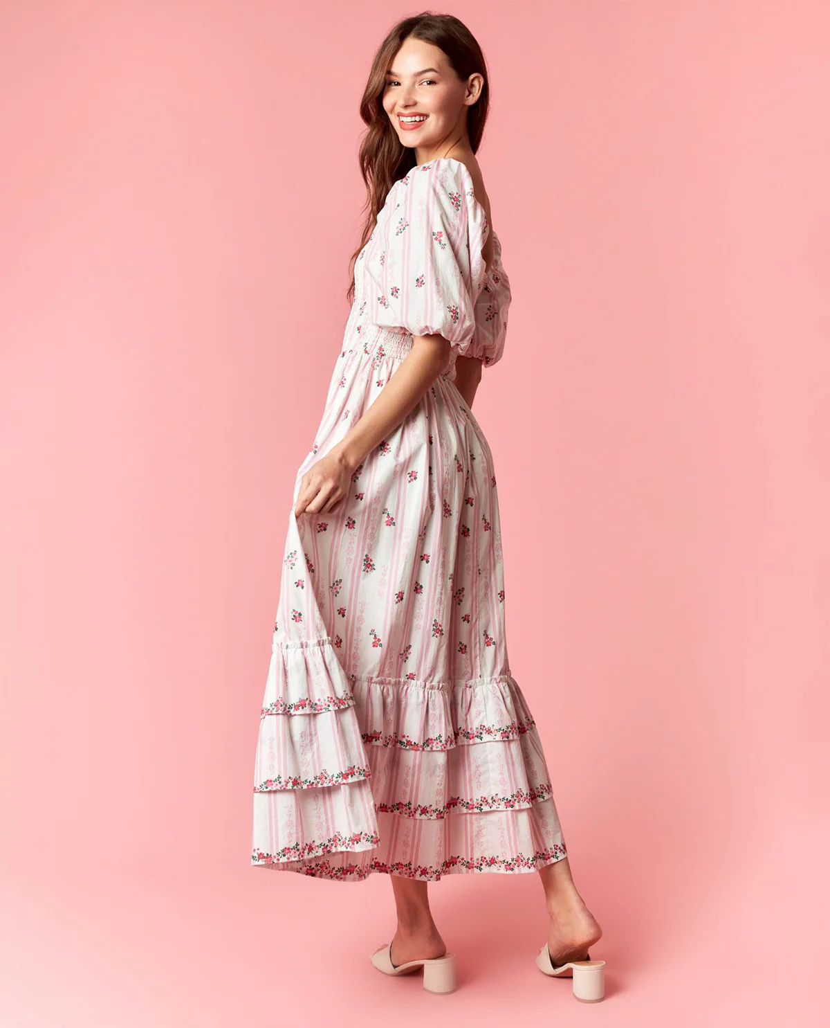 Peach Love Floral Bubble Sleeve Maxi Dress Pink - Image 2