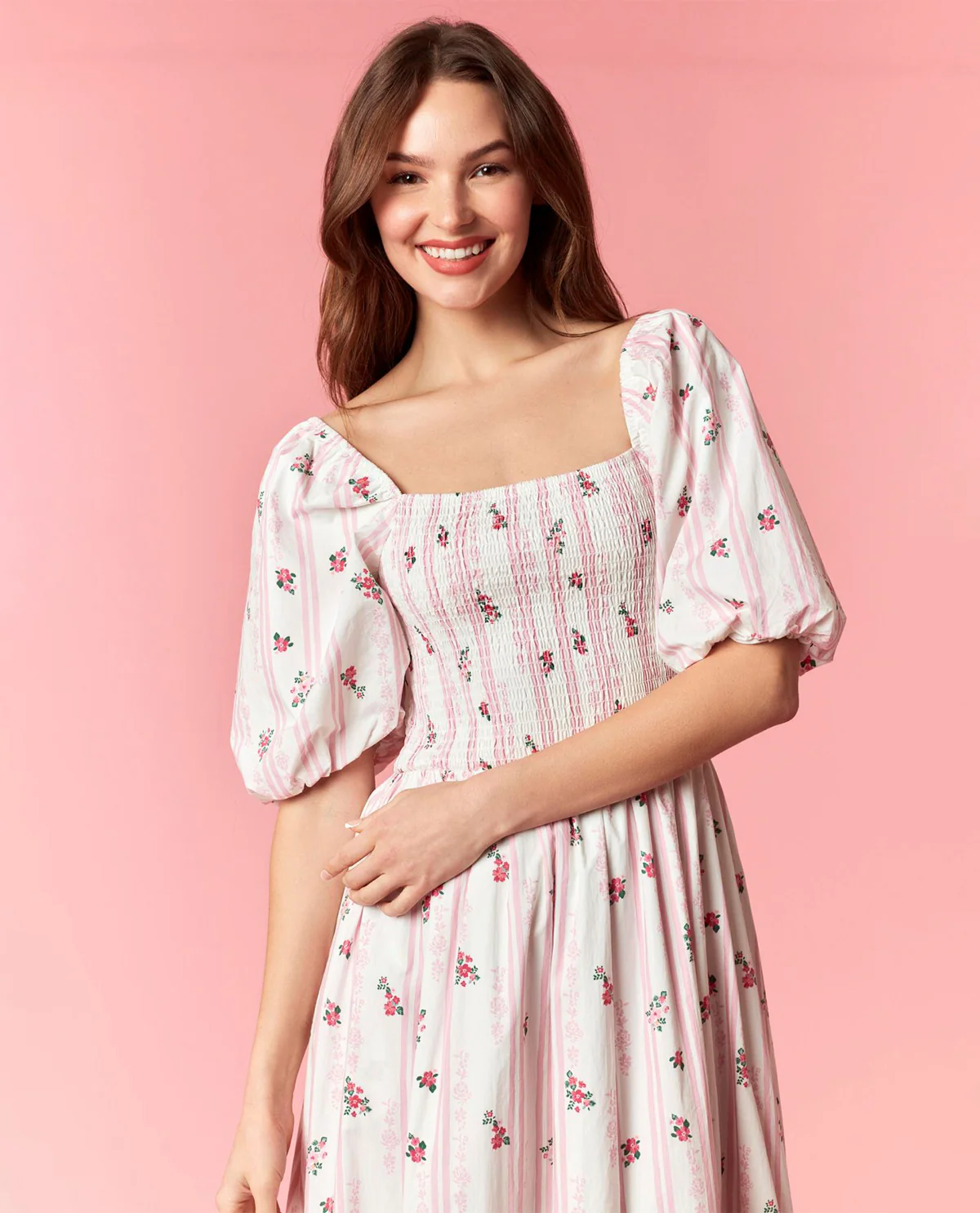 Peach Love Floral Bubble Sleeve Maxi Dress Pink - Image 3