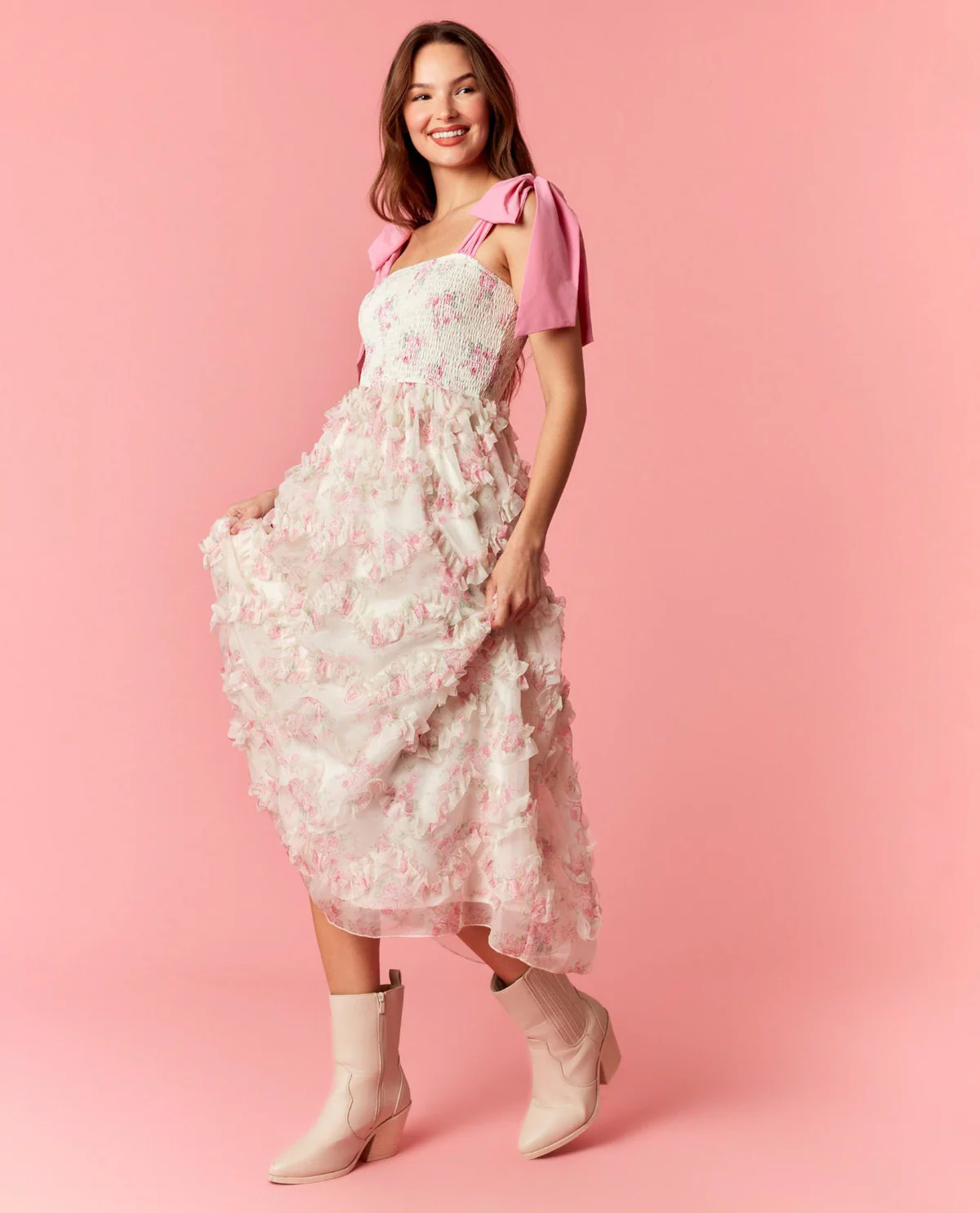 Peach Love Floral Smocked Dress with Bow - Image 3