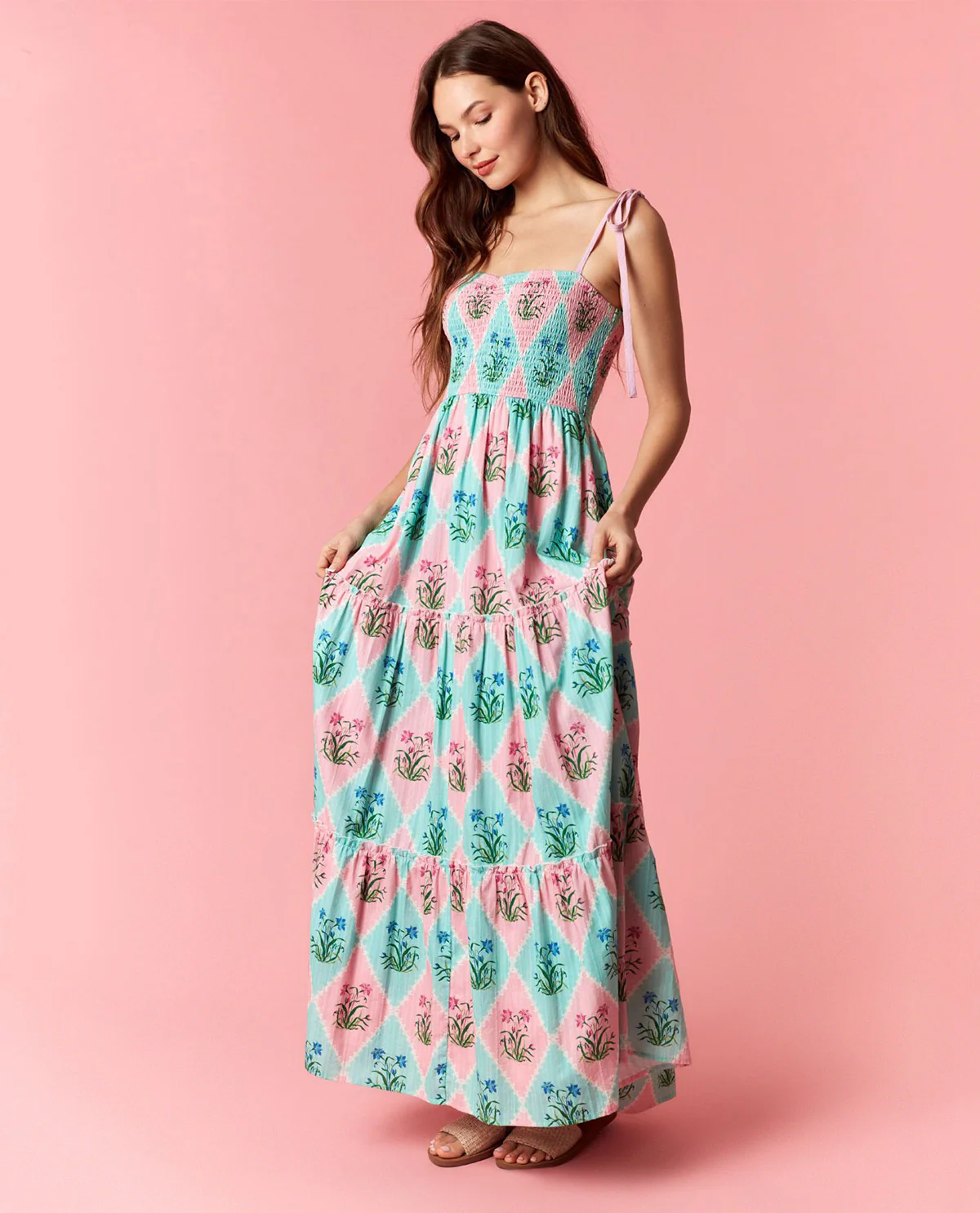 Peach Love Floral Tiered Dress Pink/Mint - Image 2