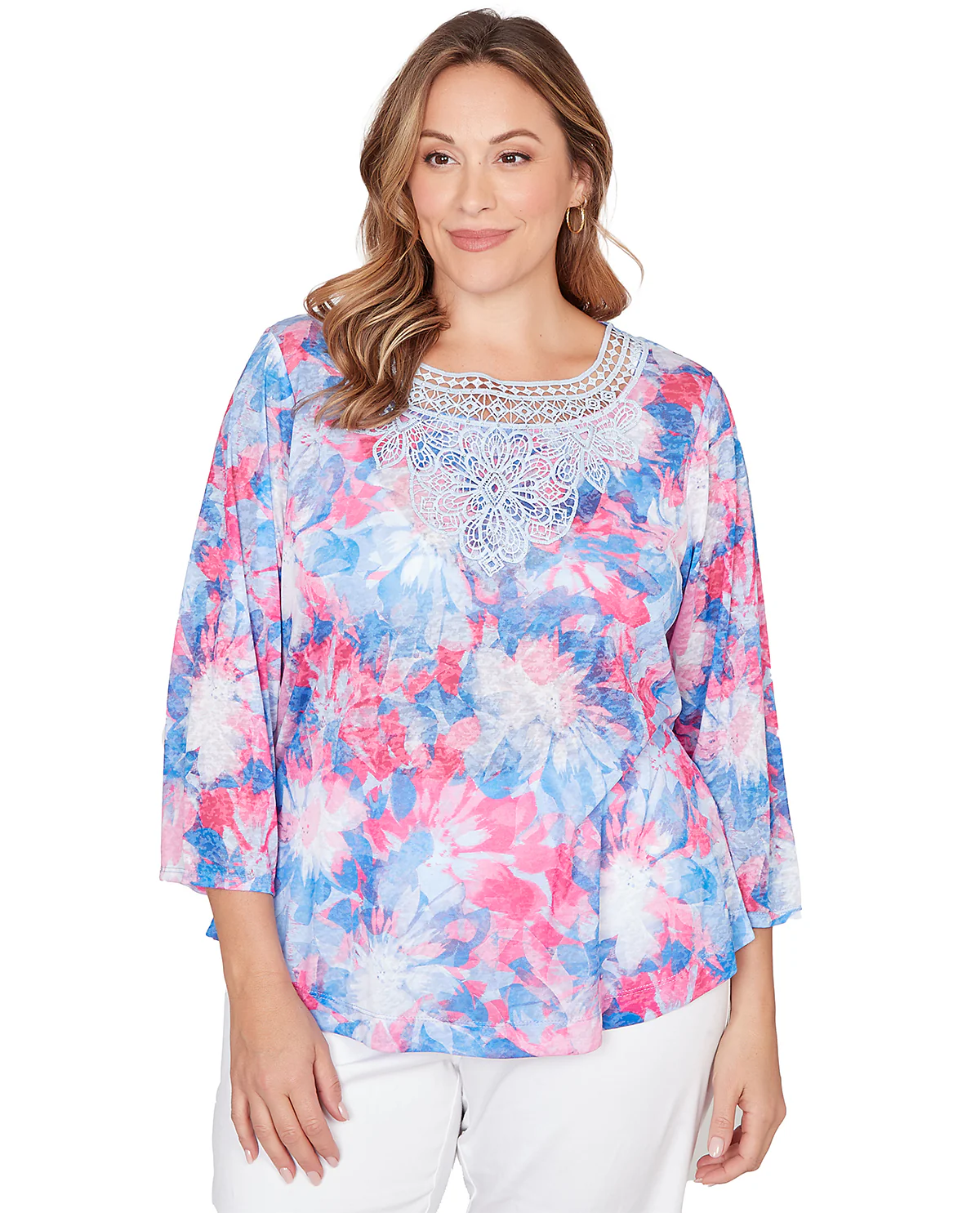 Ruby Road Floral Sublimation Knit Top Lt Blue