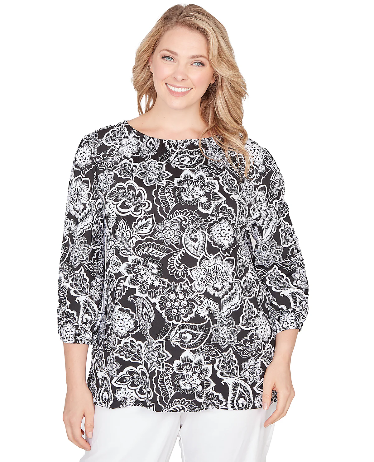Ruby Road Floral Print Knit Top Black/White
