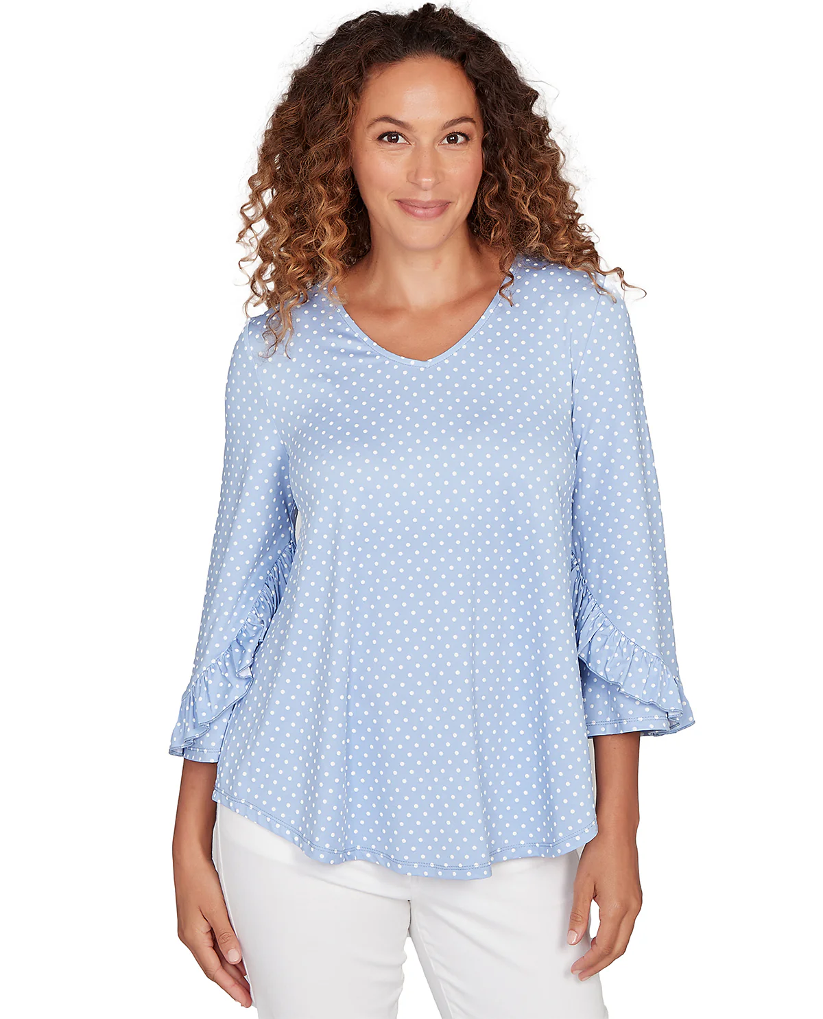 Ruby Road Cal Dreaming 3/4 Sleeve V-Neck Polka Dot Top Lt Blue