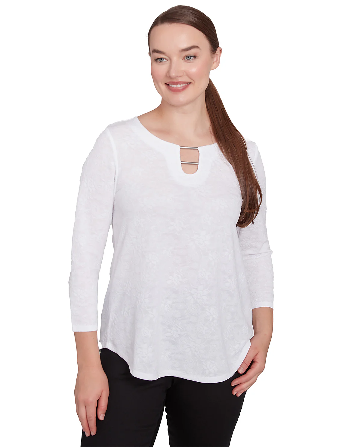 Ruby Road Missy Monochrome Moment Solid Paisley Knit Top with Bar - Image 3